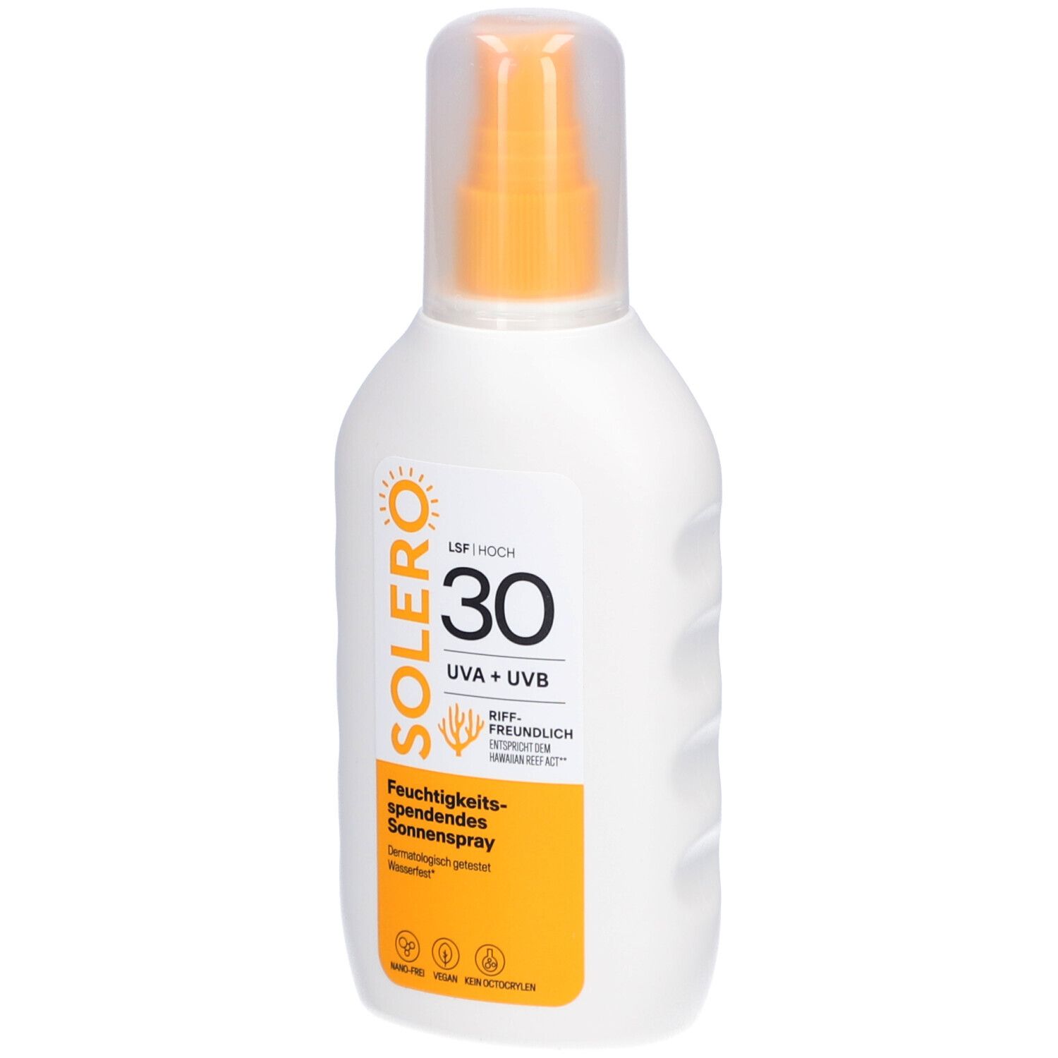Weiße Sprühflasche mit orangefarbenem Sprühkopf. Aufkleber mit Produktinformationen: SOLERO, LSF 30, UVA+UVB, Feuchtigkeitsspendendes Sonnenspray.