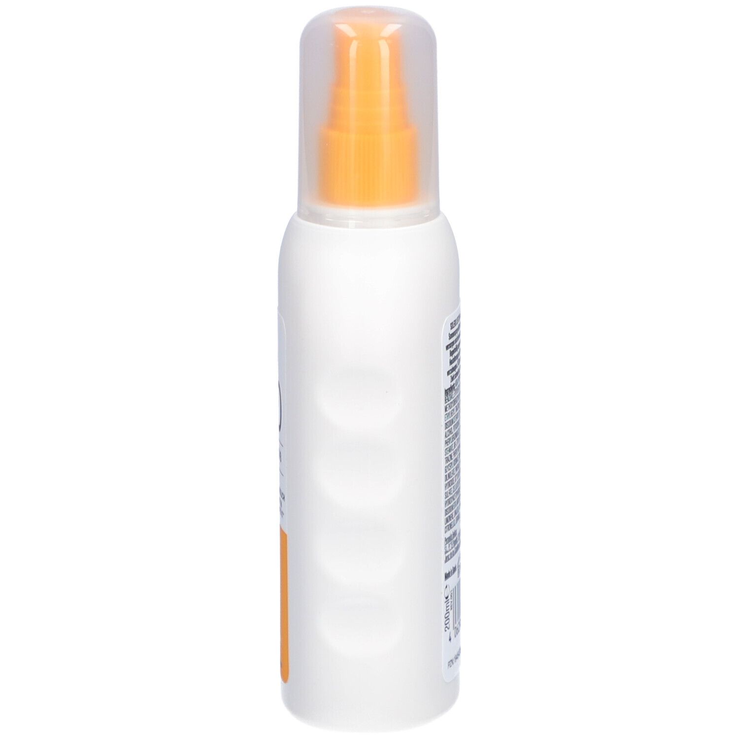 Weiße Sprühflasche mit orangefarbenem Sprühkopf. Seitliche Ansicht mit Text und erhabenen Punkten.