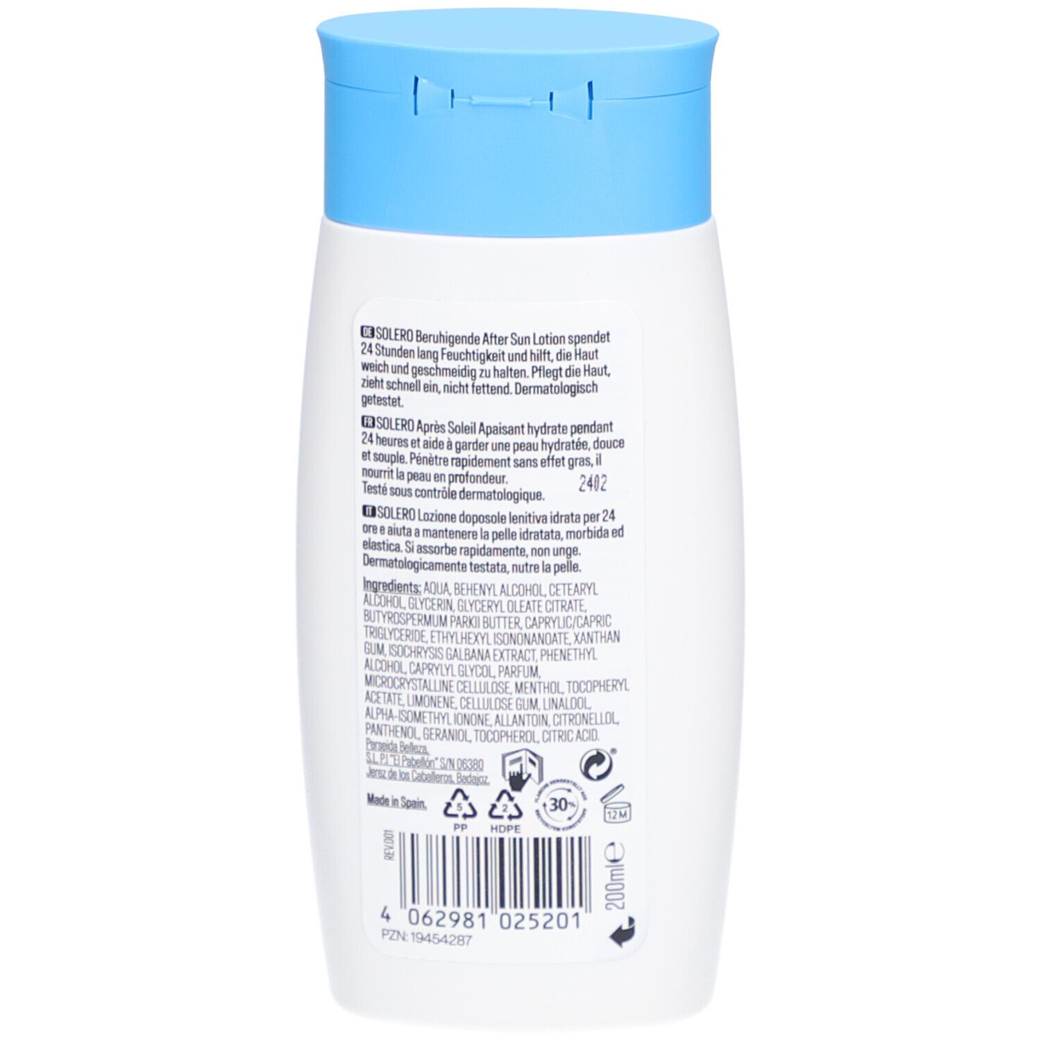Rückseite einer weißen Flasche mit blauem Deckel. Text: SOLERO After Sun, Inhaltsstoffe, 200ml, vegan, ohne Mikroplastik.