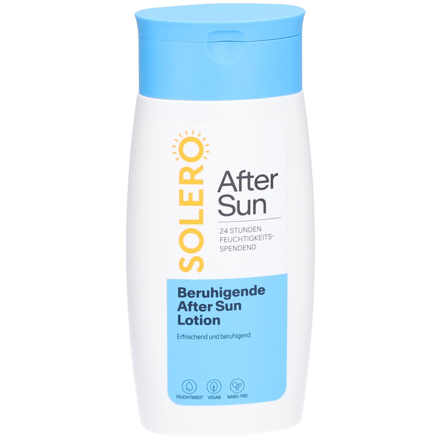 Weiße Flasche mit blauem Deckel. Aufschrift: SOLERO After Sun Beruhigende After Sun Lotion. Vegan, ohne Mikroplastik.