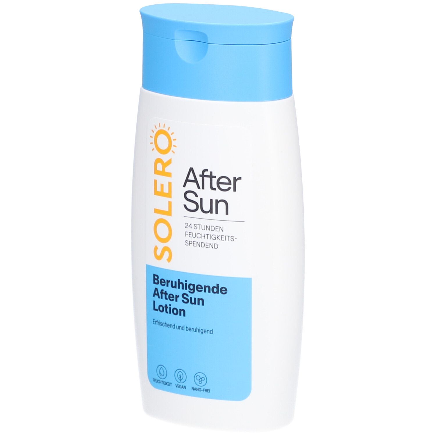 Weiße Flasche mit blauem Deckel. Aufschrift: SOLERO After Sun Beruhigende After Sun Lotion. Vegan, ohne Mikroplastik.