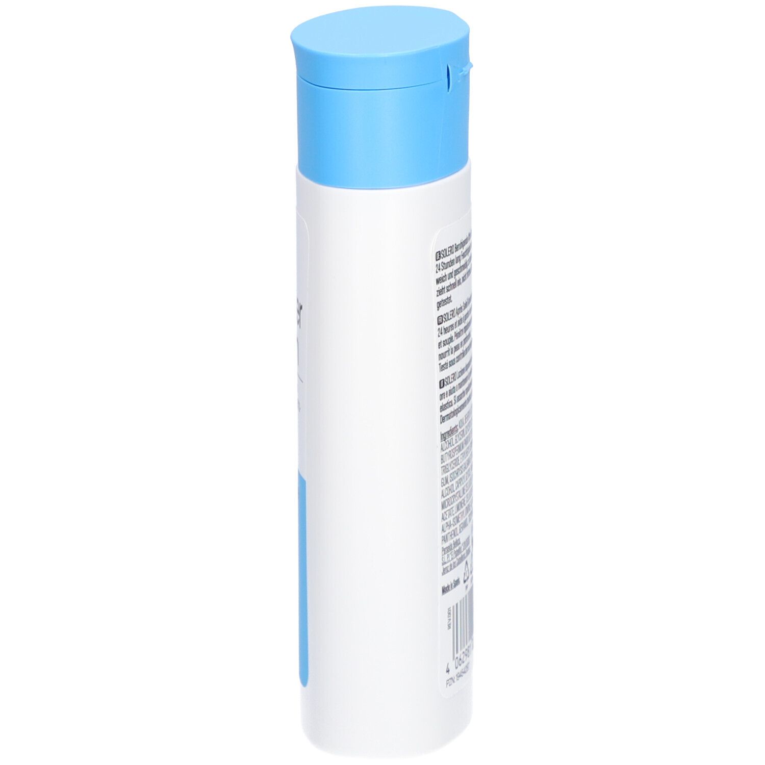 Weiße Flasche mit blauem Deckel. Aufschrift: SOLERO After Sun Beruhigende After Sun Lotion. Vegan, ohne Mikroplastik.