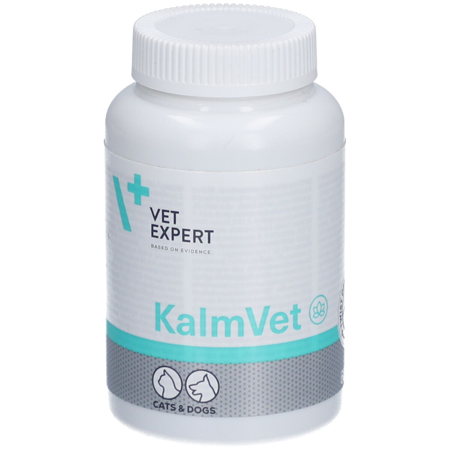 Weiße Flasche mit Schraubverschluss. Aufschrift: VetExpert, KalmVet, für Katzen & Hunde.