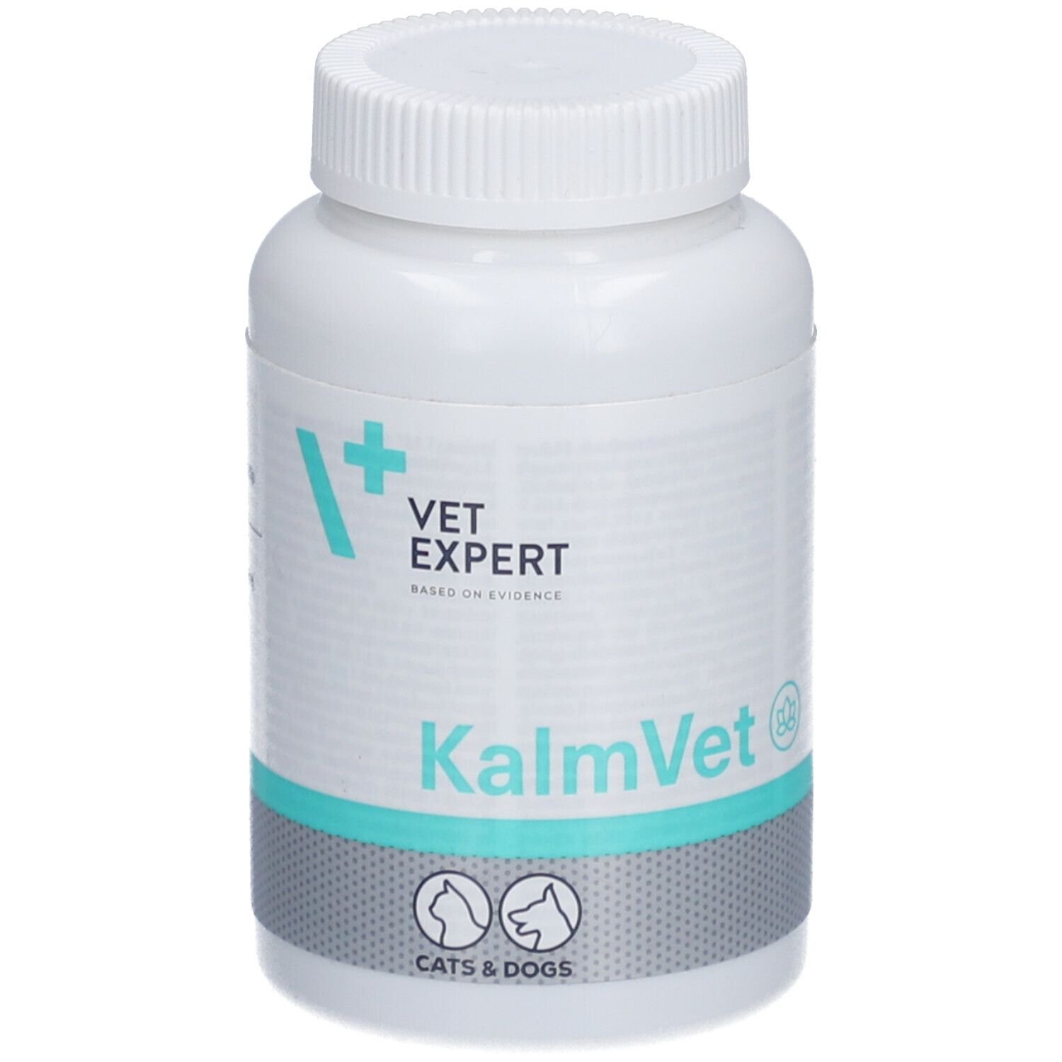 Weiße Flasche mit Schraubverschluss. Aufschrift: VetExpert, KalmVet, für Katzen & Hunde.