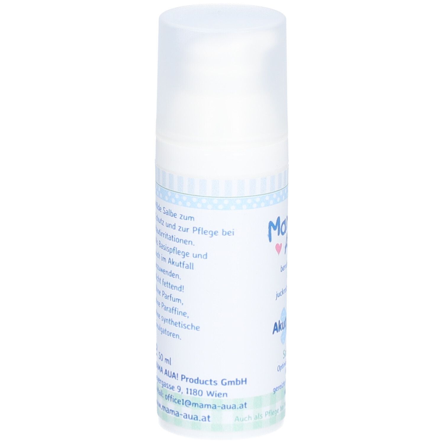 Rückseite der Creme-Spenderflasche. Mama Aua! Akutpflege Salbe. Textinformationen: Inhaltsstoffe, Anwendung, Kontakt.