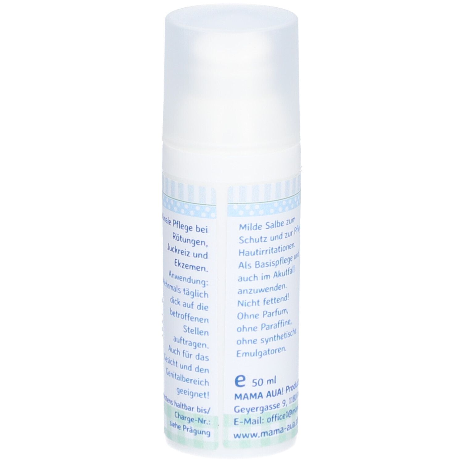 Rückseite der Creme-Spenderflasche. Mama Aua! Akutpflege Salbe. Textinformationen: Anwendung, Inhaltsstoffe, Kontakt.