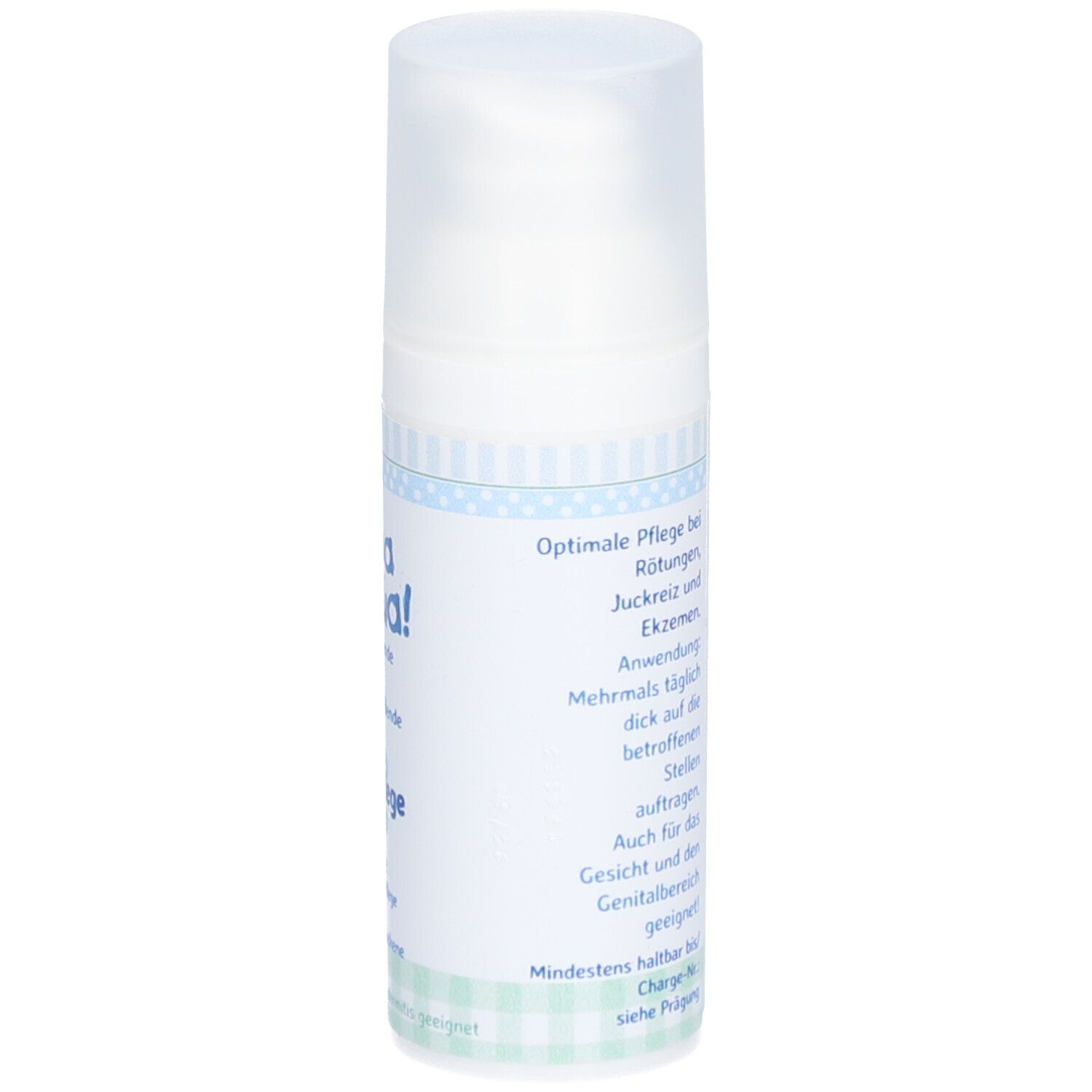 Rückseite der Creme-Spenderflasche. Mama Aua! Akutpflege Salbe. Textinformationen: Anwendung, Inhaltsstoffe, Kontakt.