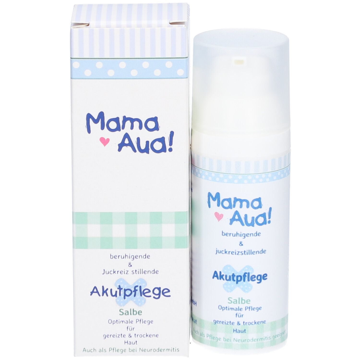 Produktverpackung und Creme-Spenderflasche. Mama Aua! Akutpflege Salbe. Beruhigend & juckreizstillend. Für gereizte & trockene Haut.