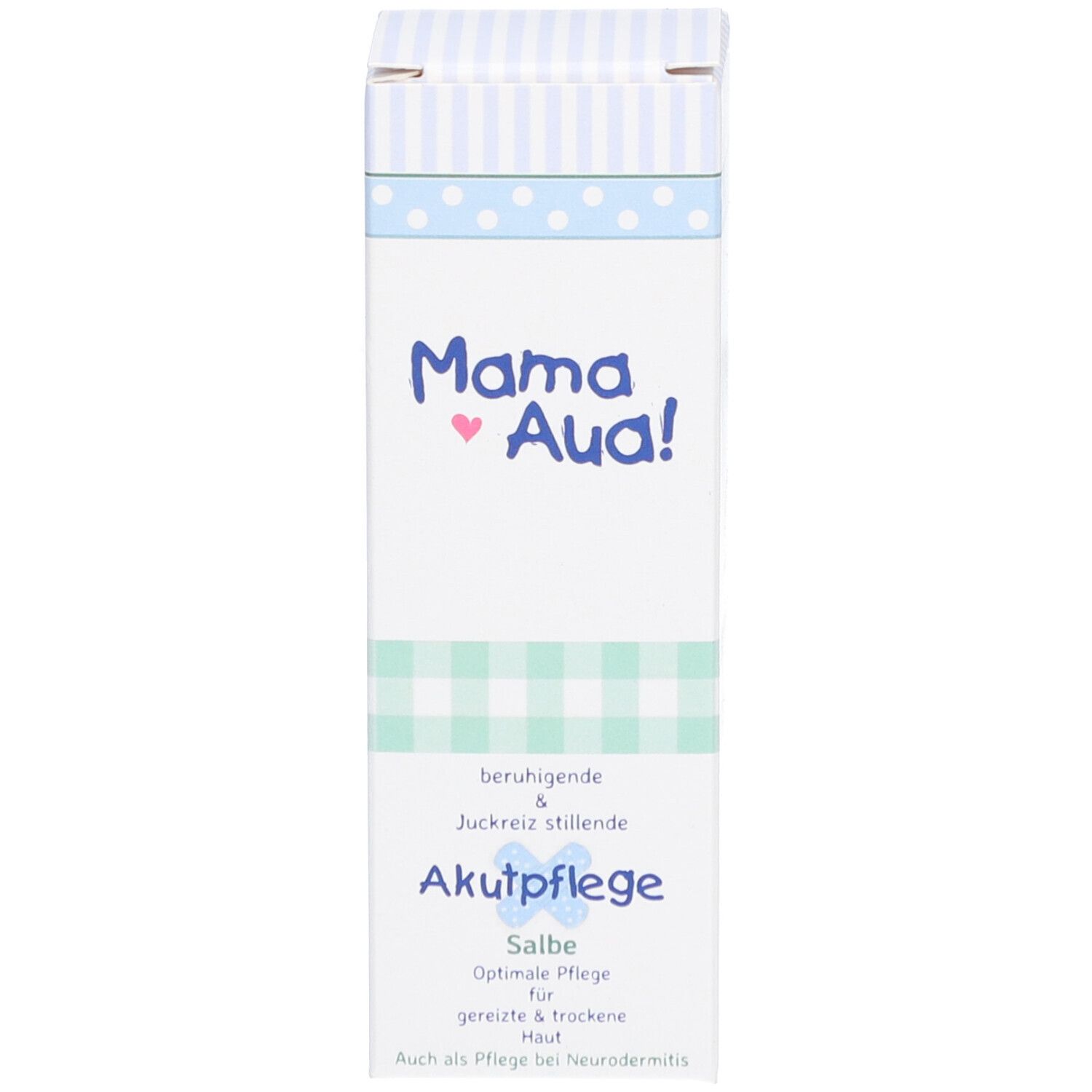 Produktverpackung. Mama Aua! Akutpflege Salbe. Beruhigend & juckreizstillend. Für gereizte & trockene Haut.