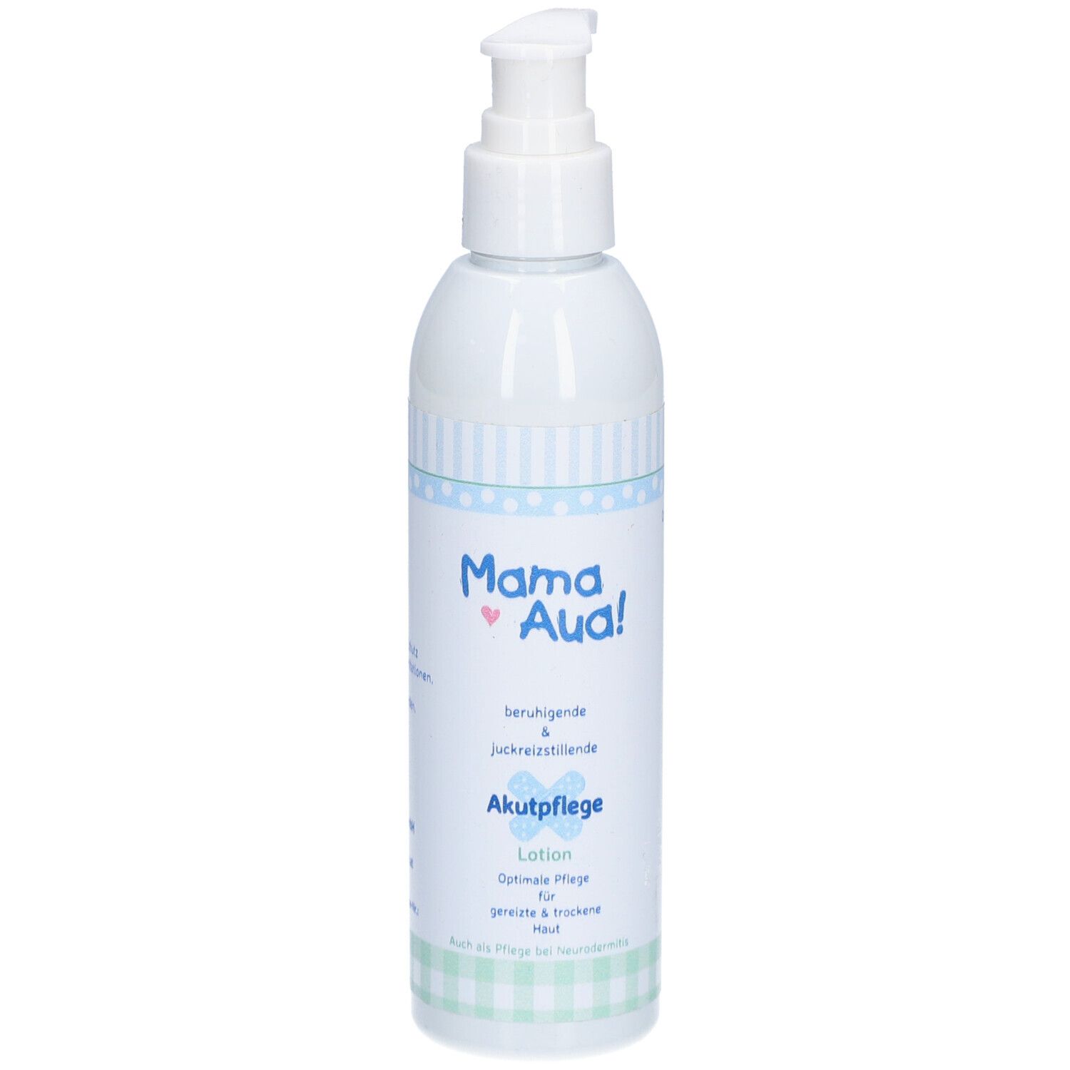 Weiße Lotion-Flasche mit Pumpkopf. Aufschrift: Mama Aua! Akutpflege Lotion für gereizte & trockene Haut.