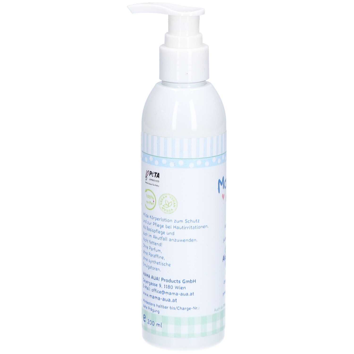 Weiße Lotion-Flasche mit Pumpkopf. Rückseite mit Text und PETA-Logo. Aufschrift: Mama Aua! Akutpflege Lotion.