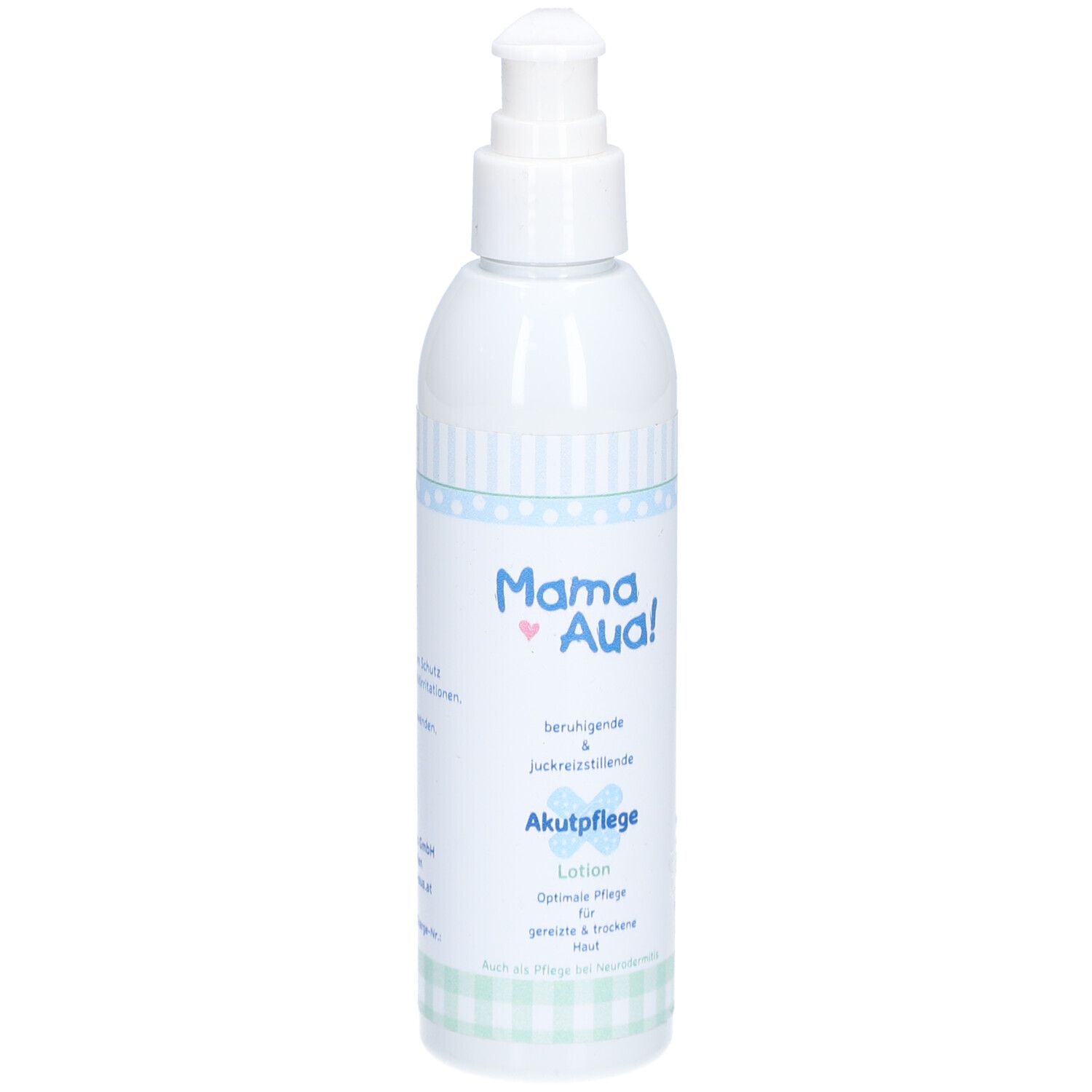 Weiße Lotion-Flasche mit Pumpkopf. Aufschrift: Mama Aua! Akutpflege Lotion für gereizte & trockene Haut.