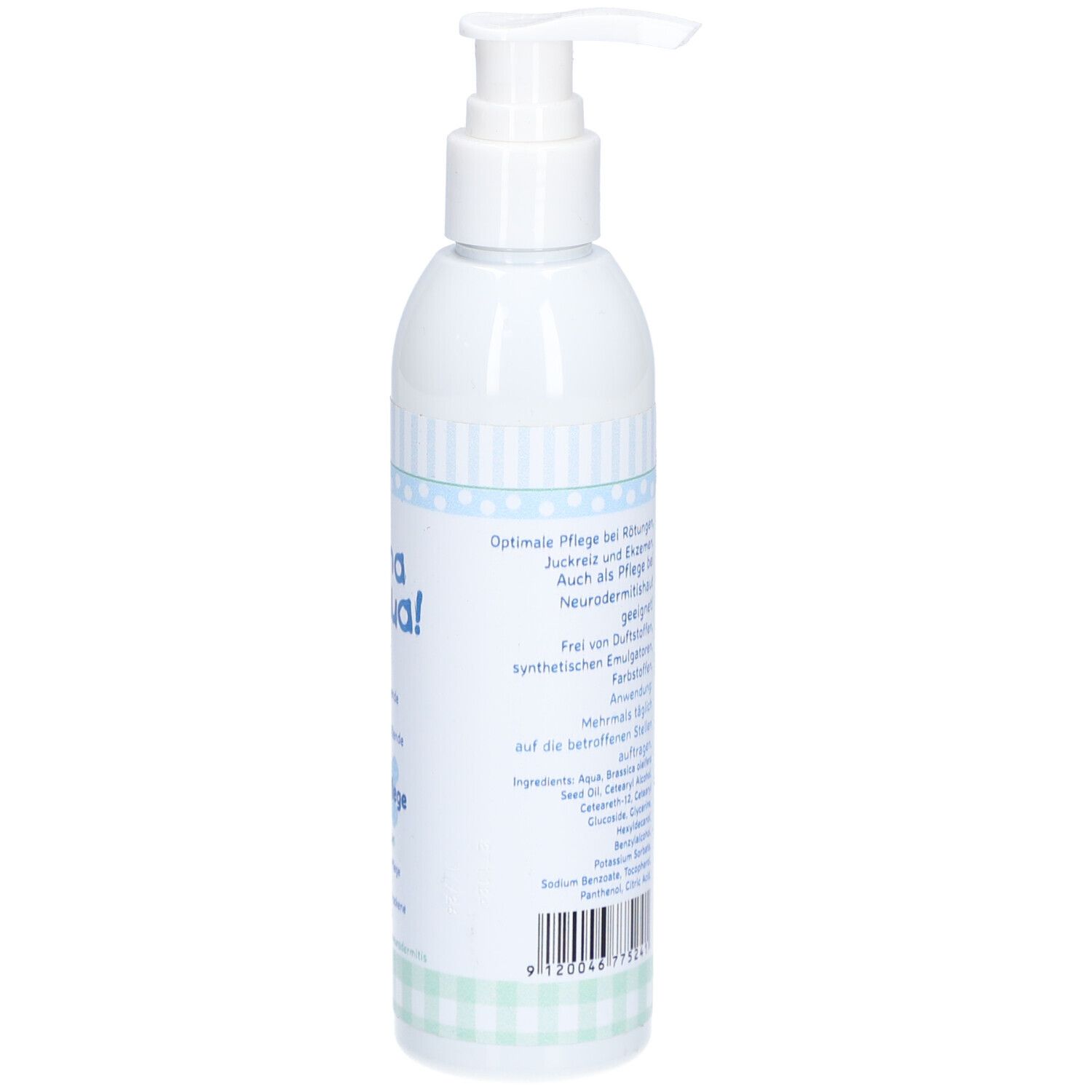 Weiße Lotion-Flasche mit Pumpkopf. Aufschrift: Mama Aua! Akutpflege Lotion für gereizte & trockene Haut.