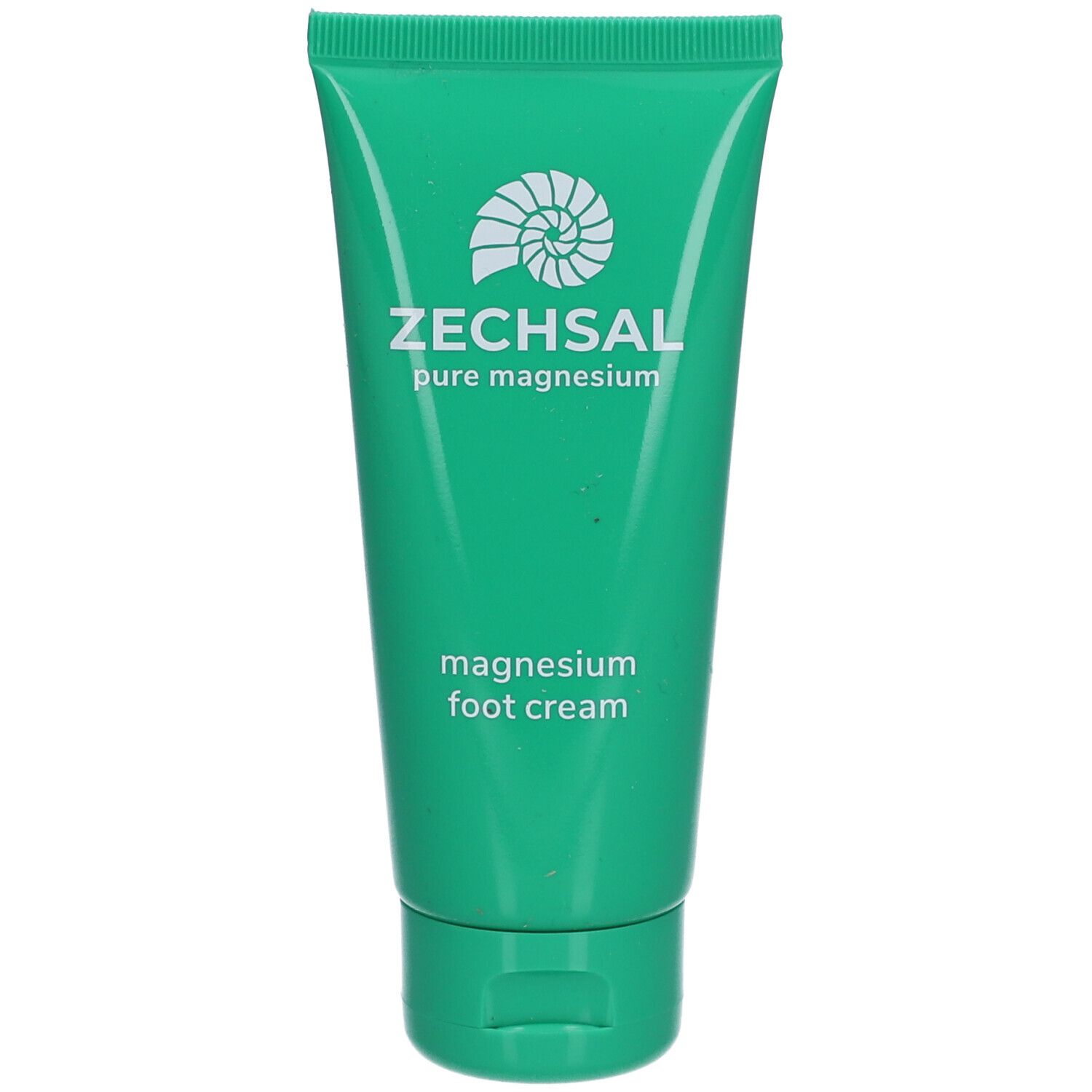Grüne Tube mit weißem Logo und Schriftzug Zechsal. Text: Magnesium Fußcreme.
