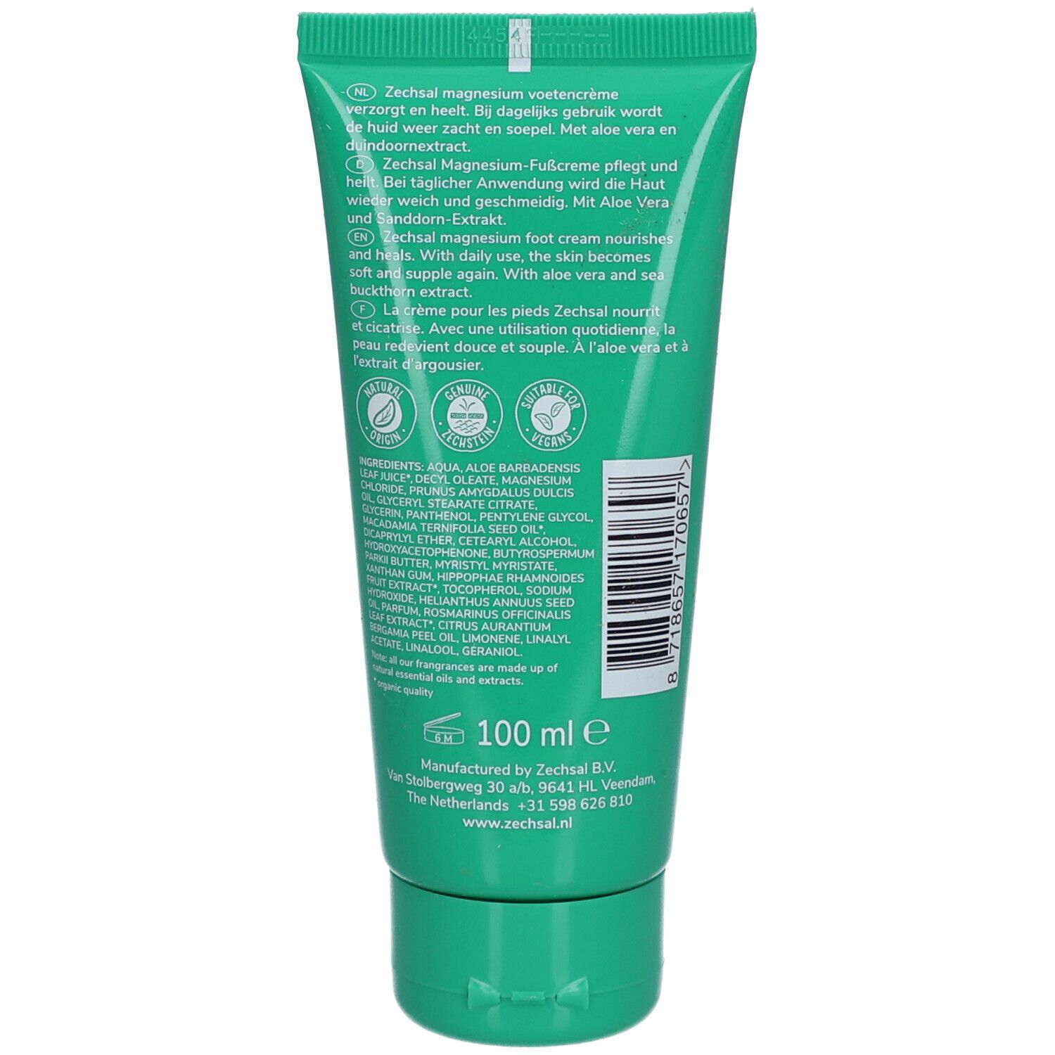 Rückseite der grünen Tube. Text: Zechsal Magnesium Fußcreme. Inhaltsstoffe und Herstellerangaben.