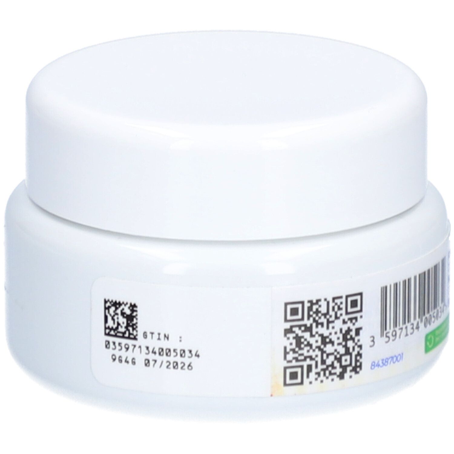 Weißes, rundes Produktglas mit Deckel. Auf der Rückseite Barcode, QR-Code und Text. Mindesthaltbarkeitsdatum 07/2026.