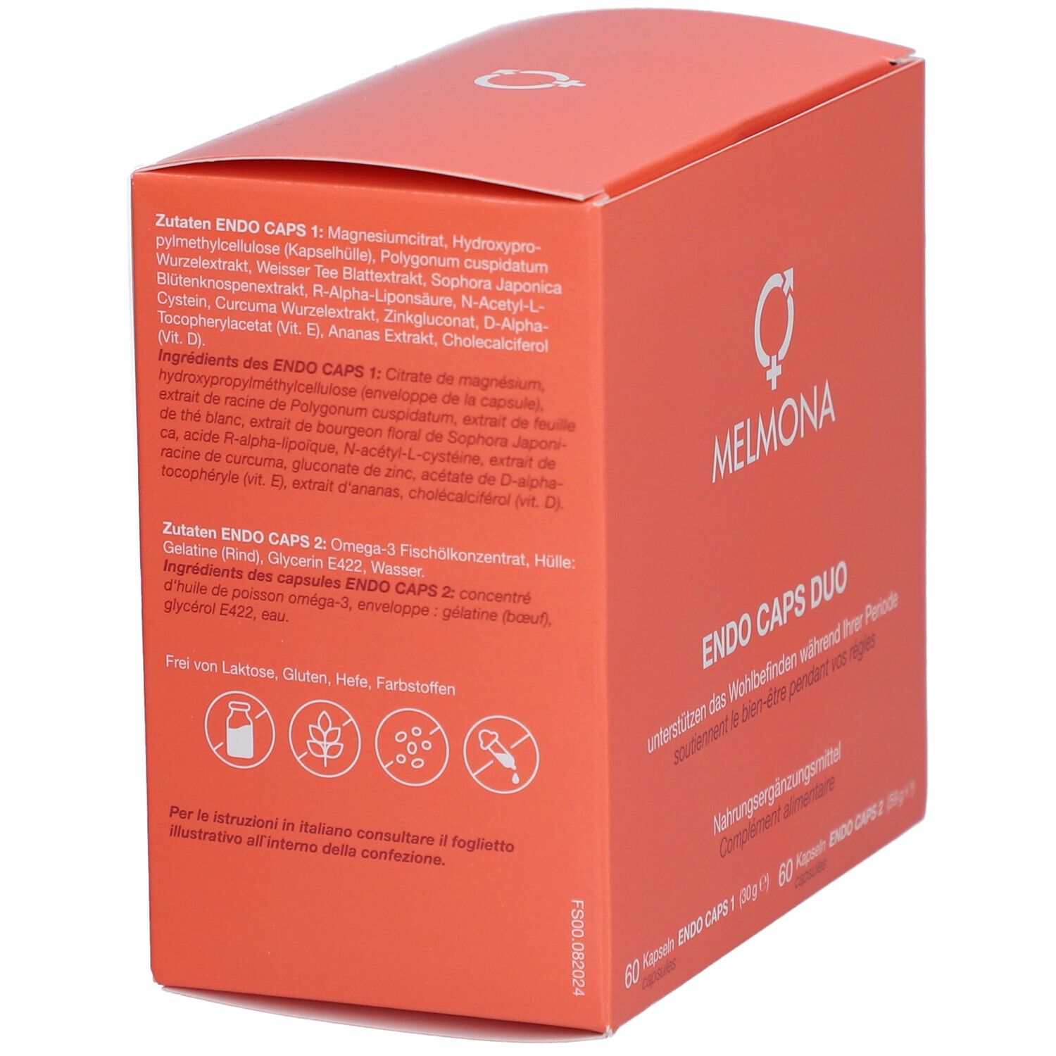 Rückseite der orangenen Schachtel. Enthält Zutatenlisten für Endo Caps 1 und 2. Logo und Produktname sind sichtbar.