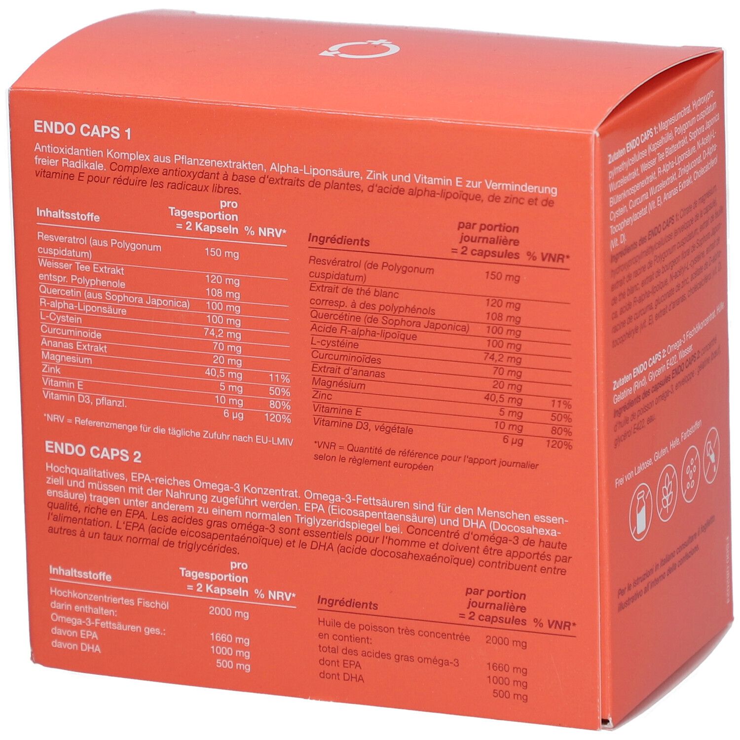 Detailansicht der Rückseite der Schachtel. Enthält Nährwertangaben für Endo Caps 1 und 2. Text in Deutsch und Französisch.