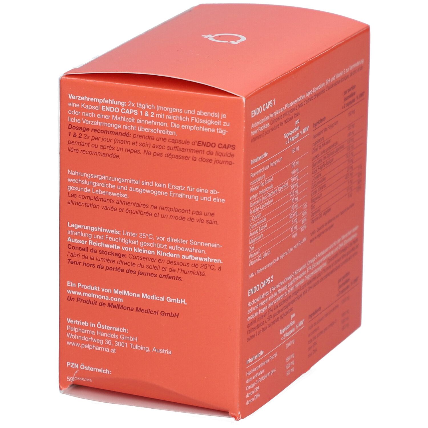 Seite der orangenen Schachtel mit Dosierungsempfehlung und Lagerhinweisen. Text in Deutsch und Französisch.