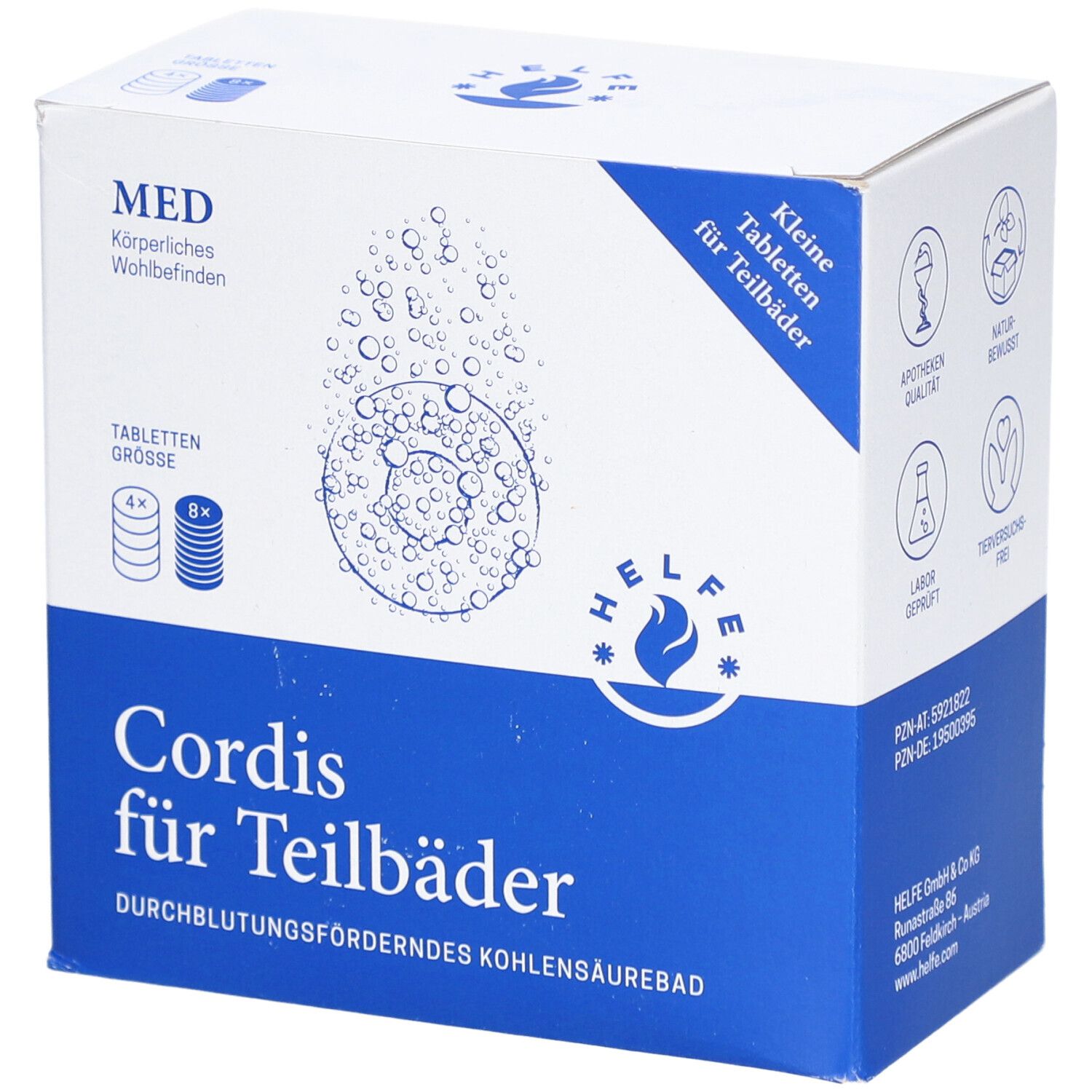 Karton mit "Cordis für Teilbäder". Blaue und weiße Verpackung. Enthält Tabletten. Logo: Helfe.