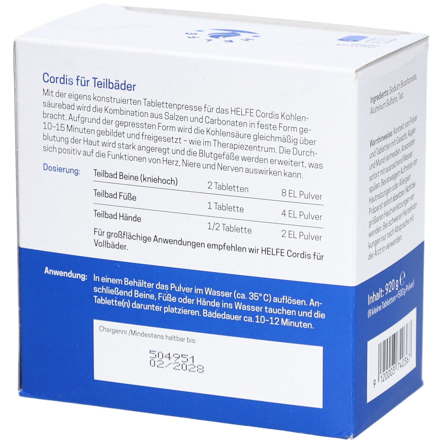 Rückseite der "Cordis für Teilbäder"-Verpackung. Dosierungsanleitung und Anwendungshinweise. Text in Deutsch.
