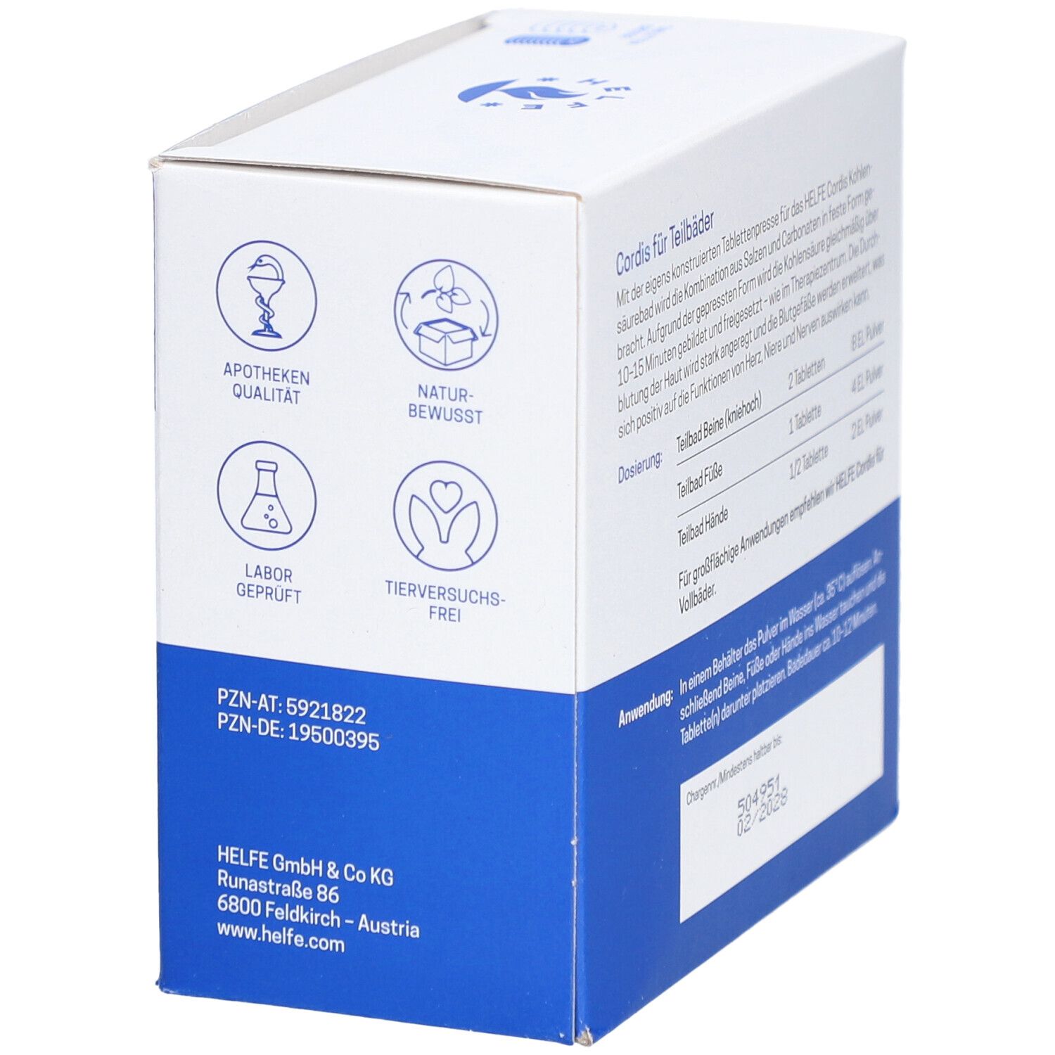 Seite der "Cordis für Teilbäder"-Verpackung. Apothekenqualität, naturbewusst, laborgeprüft, tierversuchsfrei.