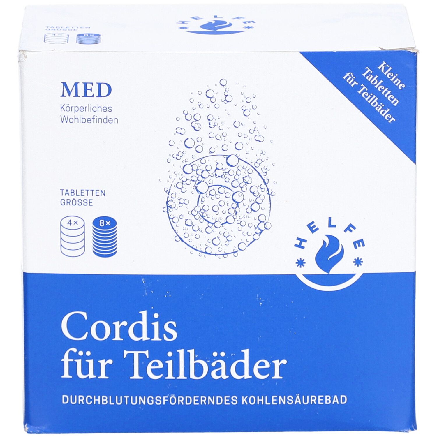 Karton mit "Cordis für Teilbäder". Blaue und weiße Verpackung. Enthält Tabletten. Logo: Helfe.