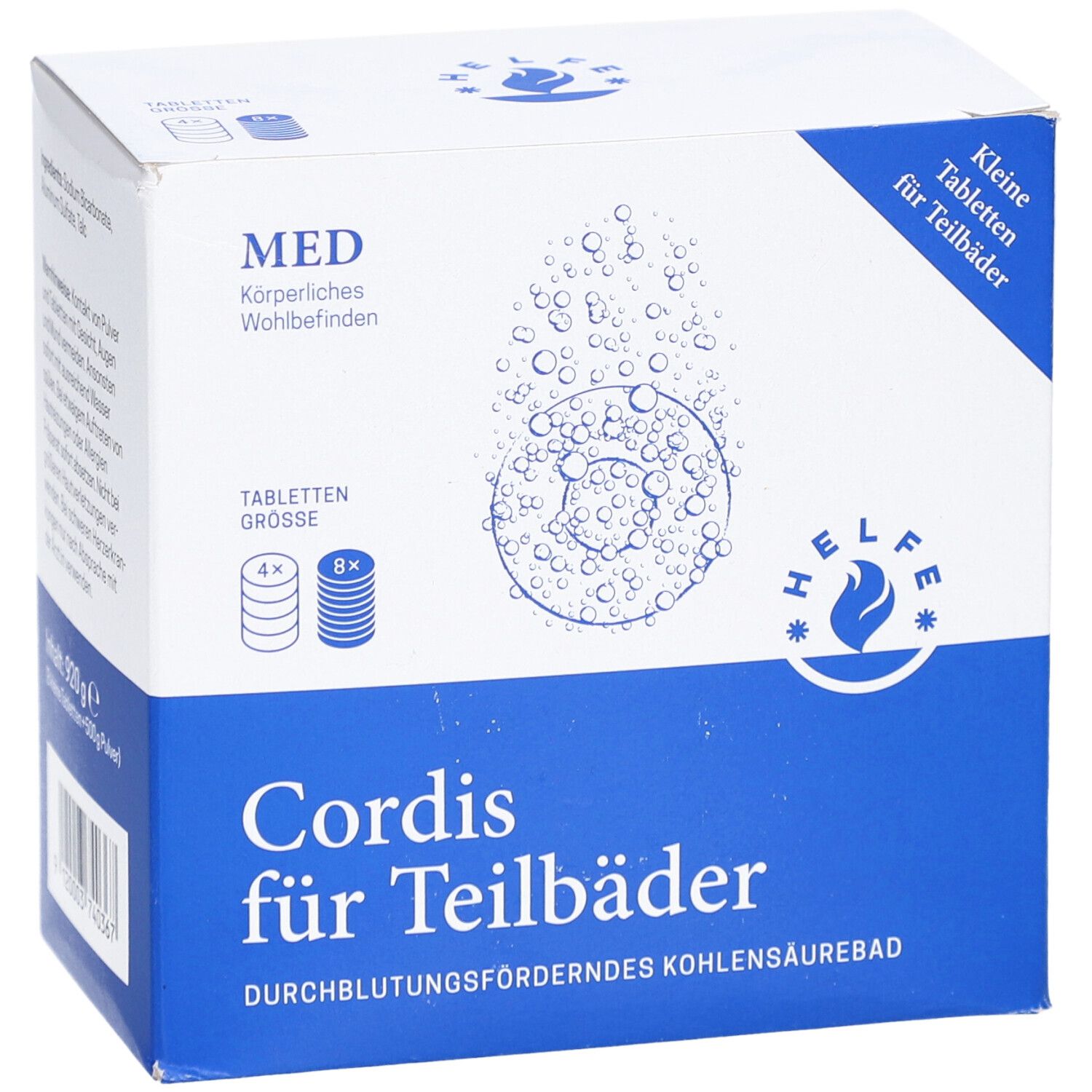 Karton mit "Cordis für Teilbäder". Blaue und weiße Verpackung. Enthält Tabletten. Logo: Helfe.