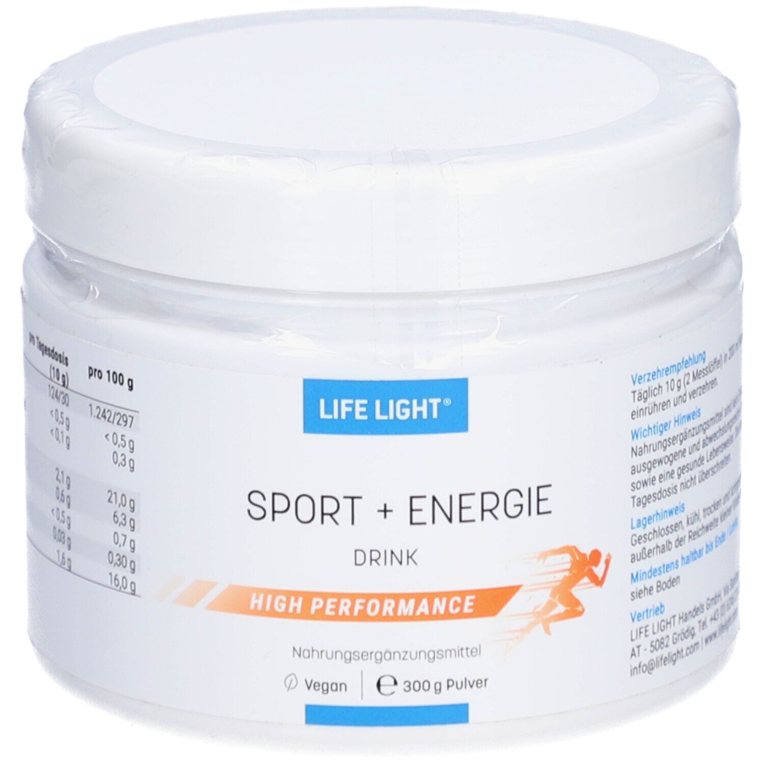 Weißes Pulver in Dose. Aufschrift: LIFE LIGHT Sport + Energie Drink, High Performance. Vegan. 300 g Pulver.