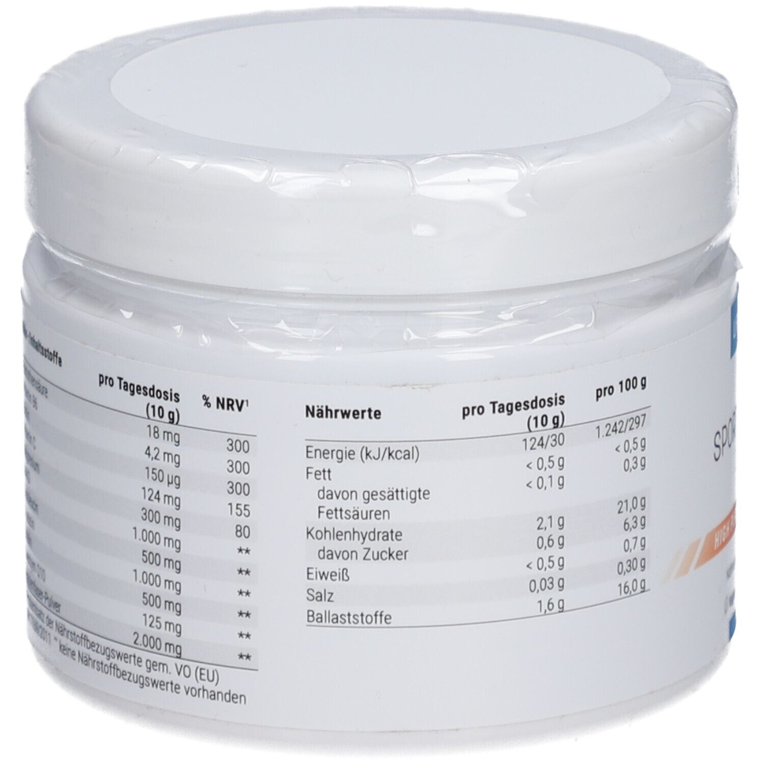 Weiße Dose mit Nährwertangaben. Angaben pro 10 g und 100 g. Enthält Energie, Fett, Kohlenhydrate, Zucker, Eiweiß, Salz und Ballaststoffe.