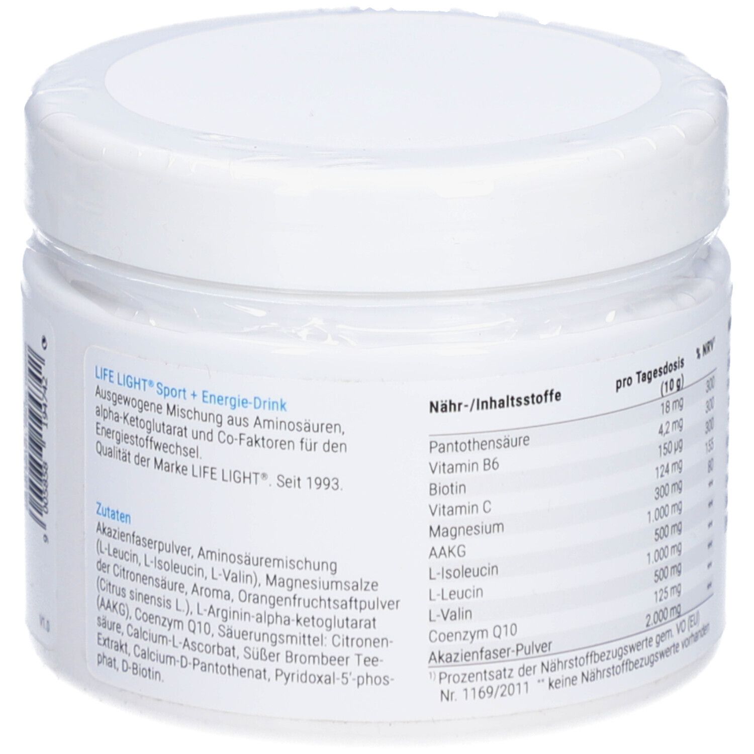 Weiße Dose mit Zutatenliste. Enthält u.a. Akazienfaserpulver, Aminosäuren, Coenzym Q10, Vitamin C, Magnesium, L-Leucin, L-Valin.