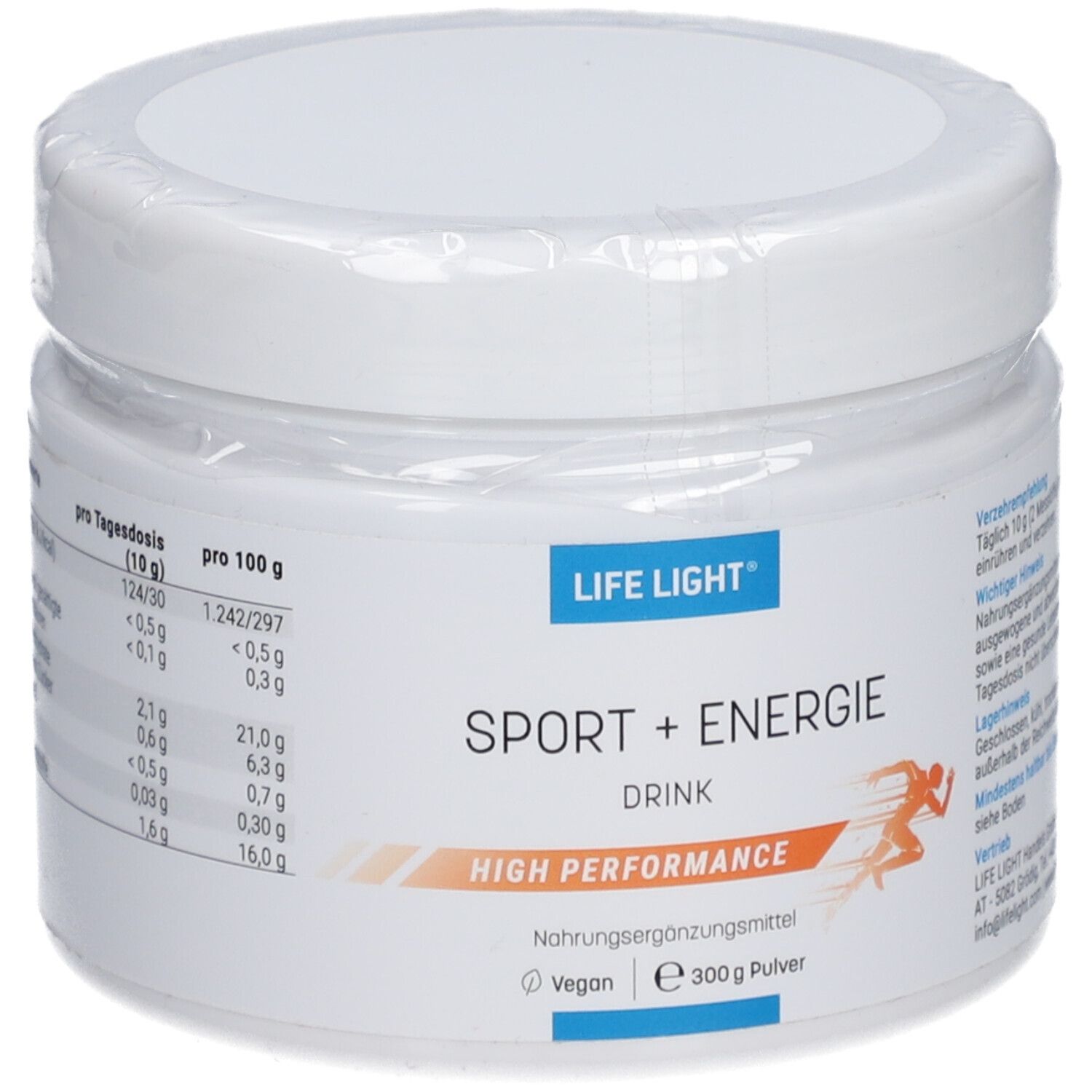 Weiße Dose mit Aufschrift: LIFE LIGHT Sport + Energie Drink, High Performance. Vegan. 300 g Pulver. Abbildung eines Läufers.