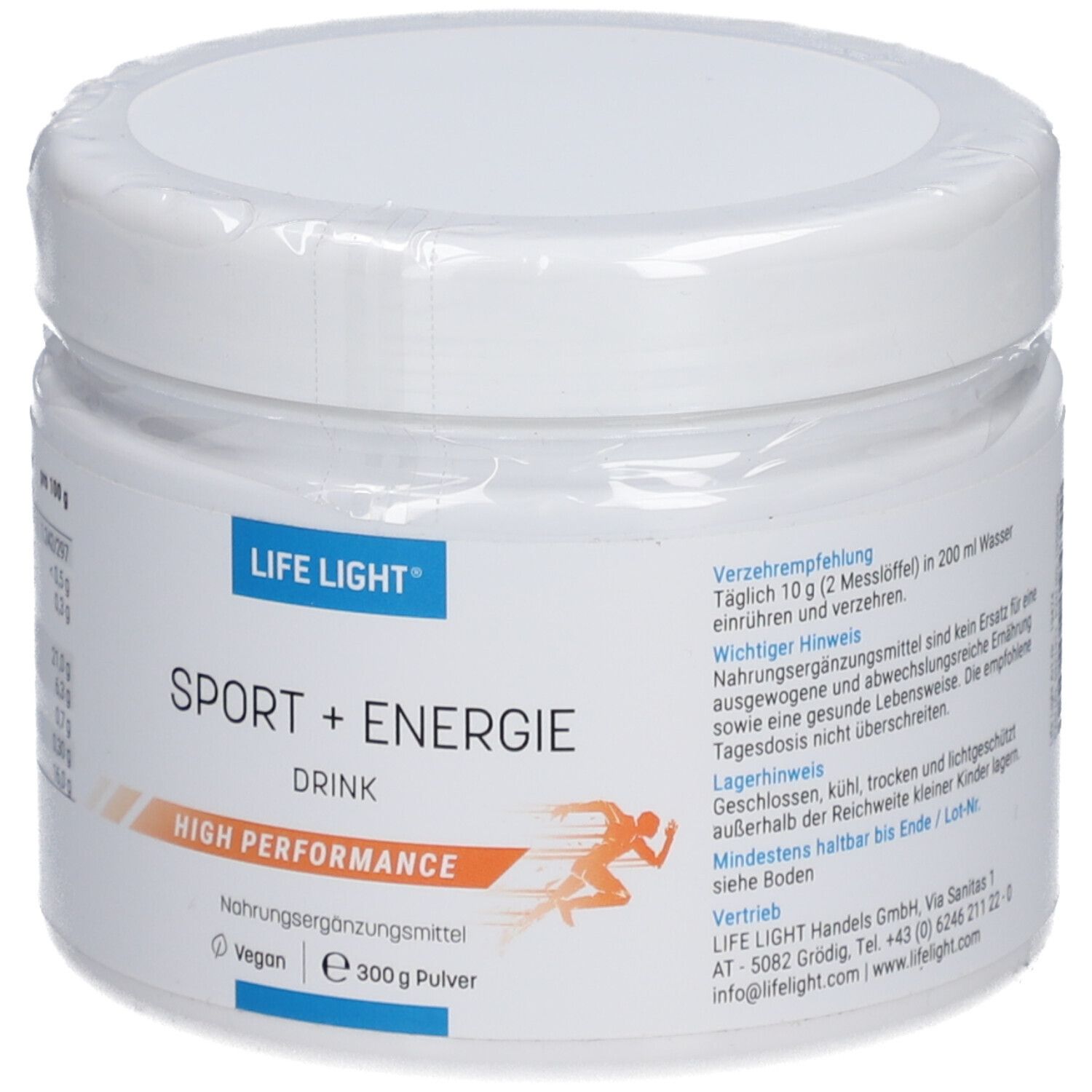 Weiße Dose mit Aufschrift: LIFE LIGHT Sport + Energie Drink, High Performance. Vegan. 300 g Pulver. Verzehrempfehlung: 10 g in 200 ml Wasser.