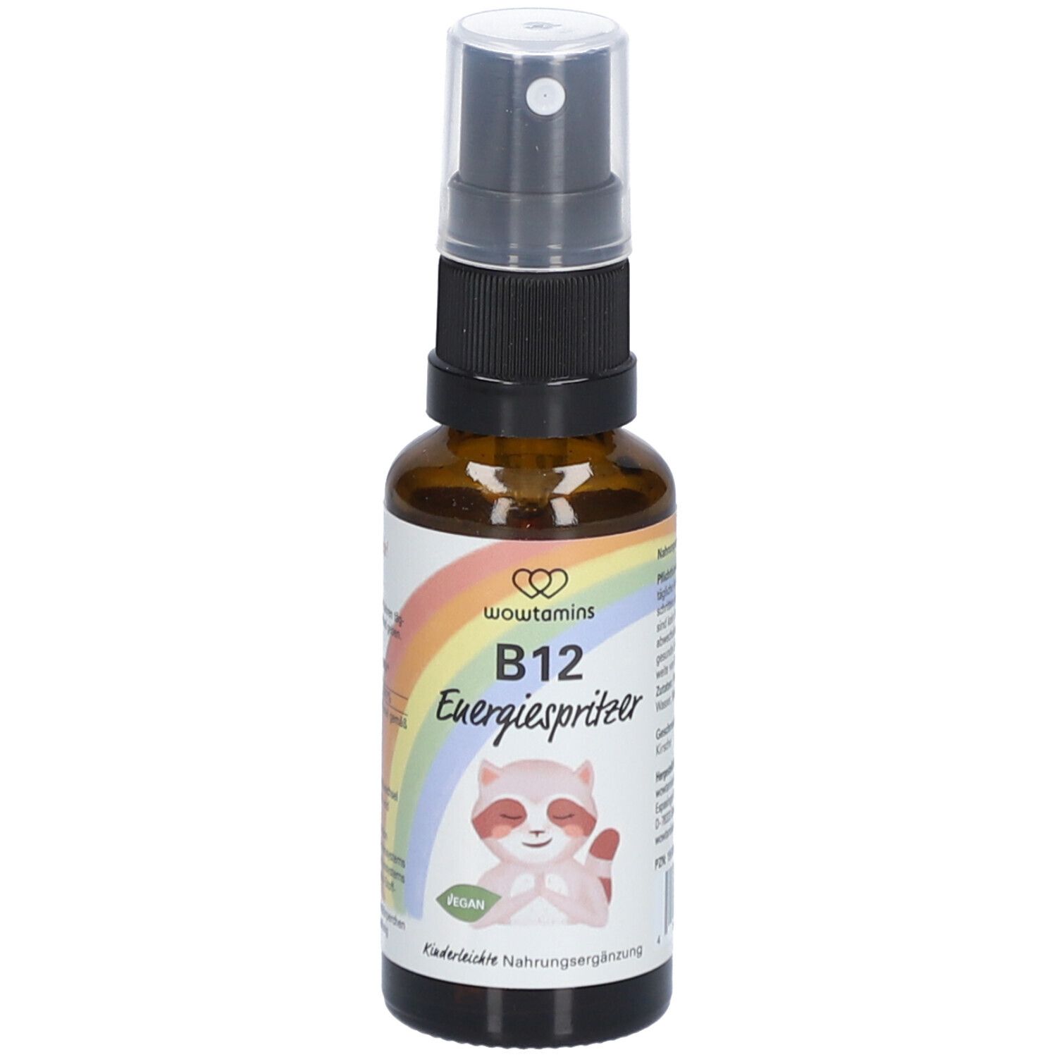 Braune Glasflasche mit Sprühkopf. Etikett mit Regenbogen, Waschbär, "B12 Energiespiritzer" und "vegan".