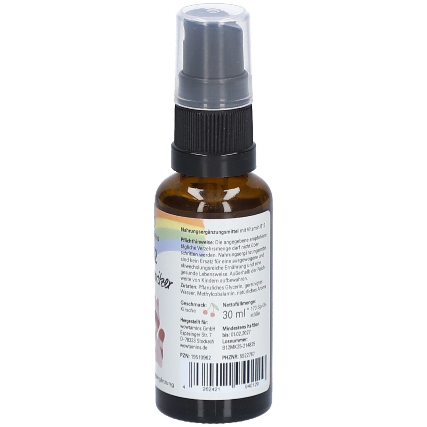 Braune Glasflasche mit Sprühkopf. Etikett mit Text, darunter Nährwertangaben und Inhaltsstoffe. 30 ml.