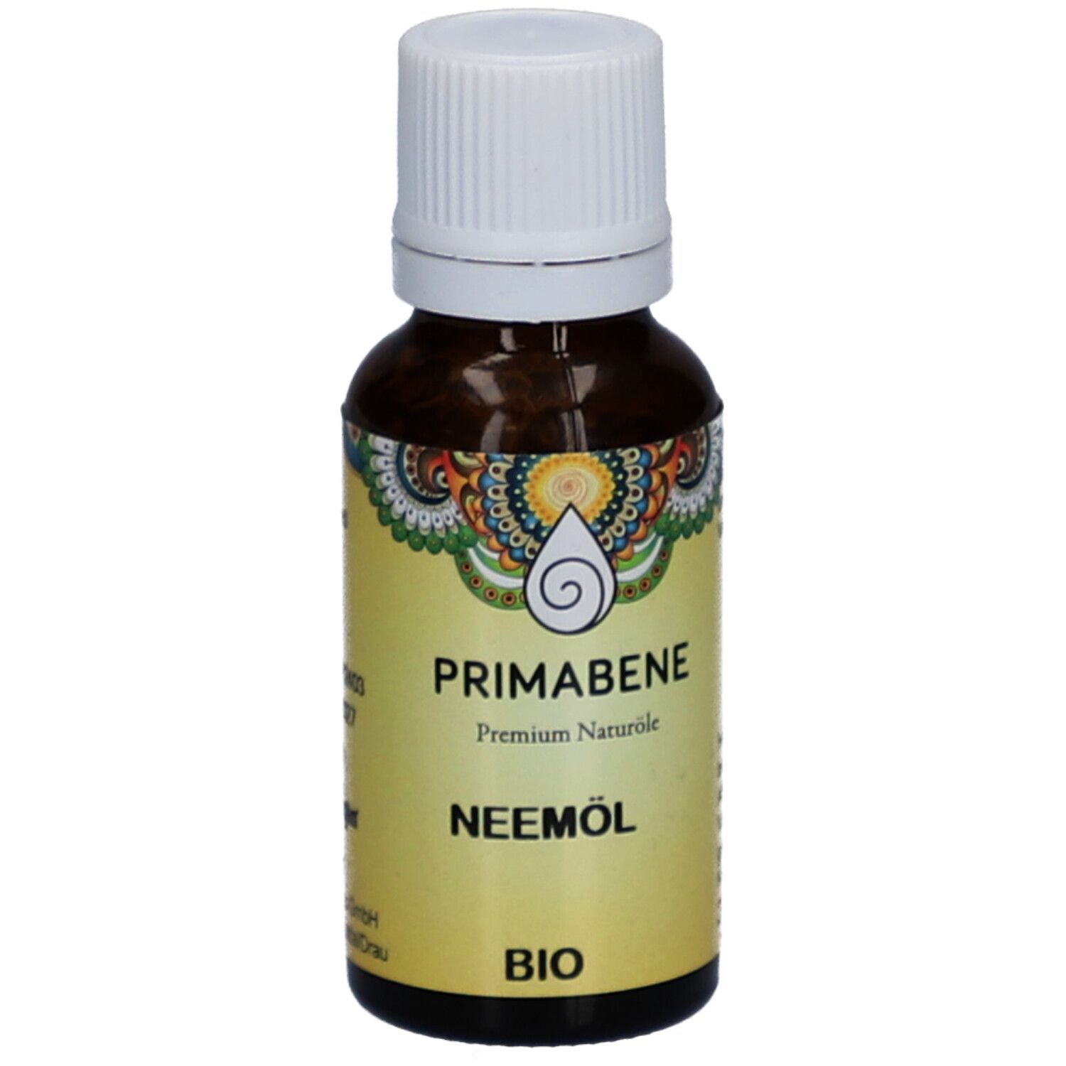 Braune Glasflasche mit weißem Deckel. Gelbes Etikett mit PRIMABENE, Neemöl und BIO-Logo.
