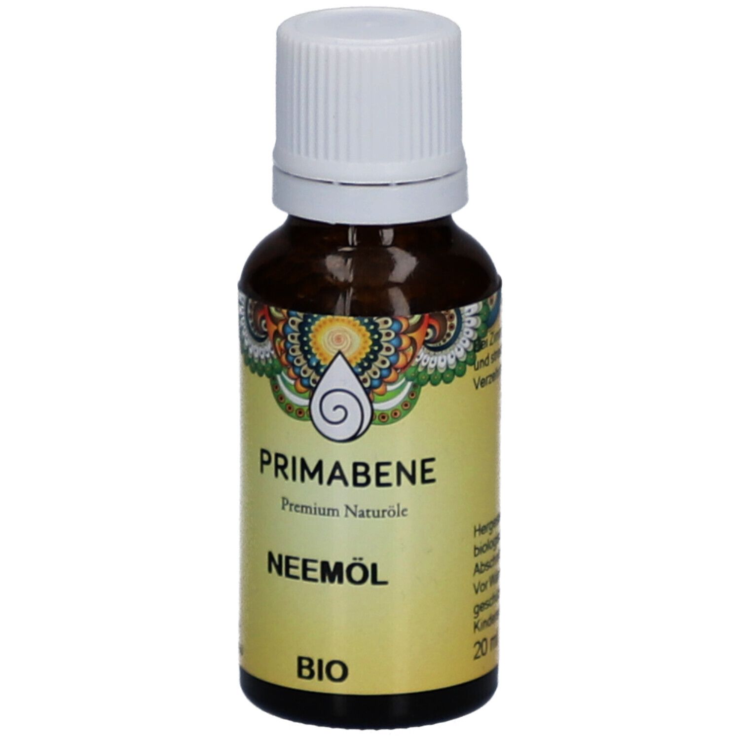 Braune Glasflasche mit weißem Deckel. Gelbes Etikett mit PRIMABENE, Neemöl, BIO-Logo und 20 ml.