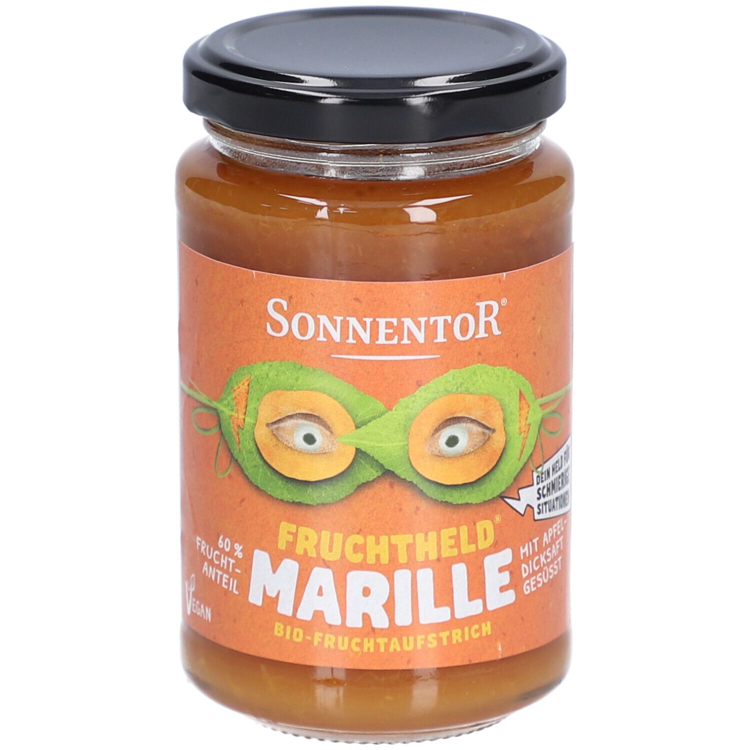 Glas mit Aufstrich. Orangefarbenes Etikett mit Logo, Illustration und Schriftzug 'Marille'. Schwarzer Deckel.