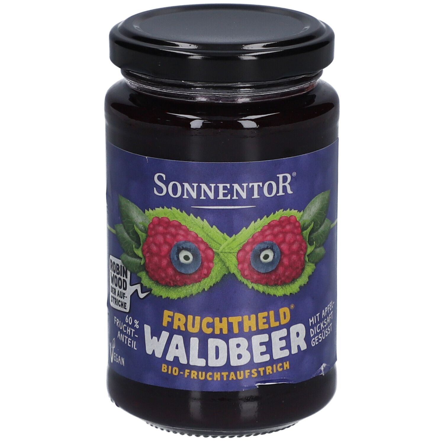 Glas mit Waldbeer-Fruchtaufstrich. Etikett mit Logo und Produktbezeichnung. Schwarzer Deckel. Bio-Qualität.