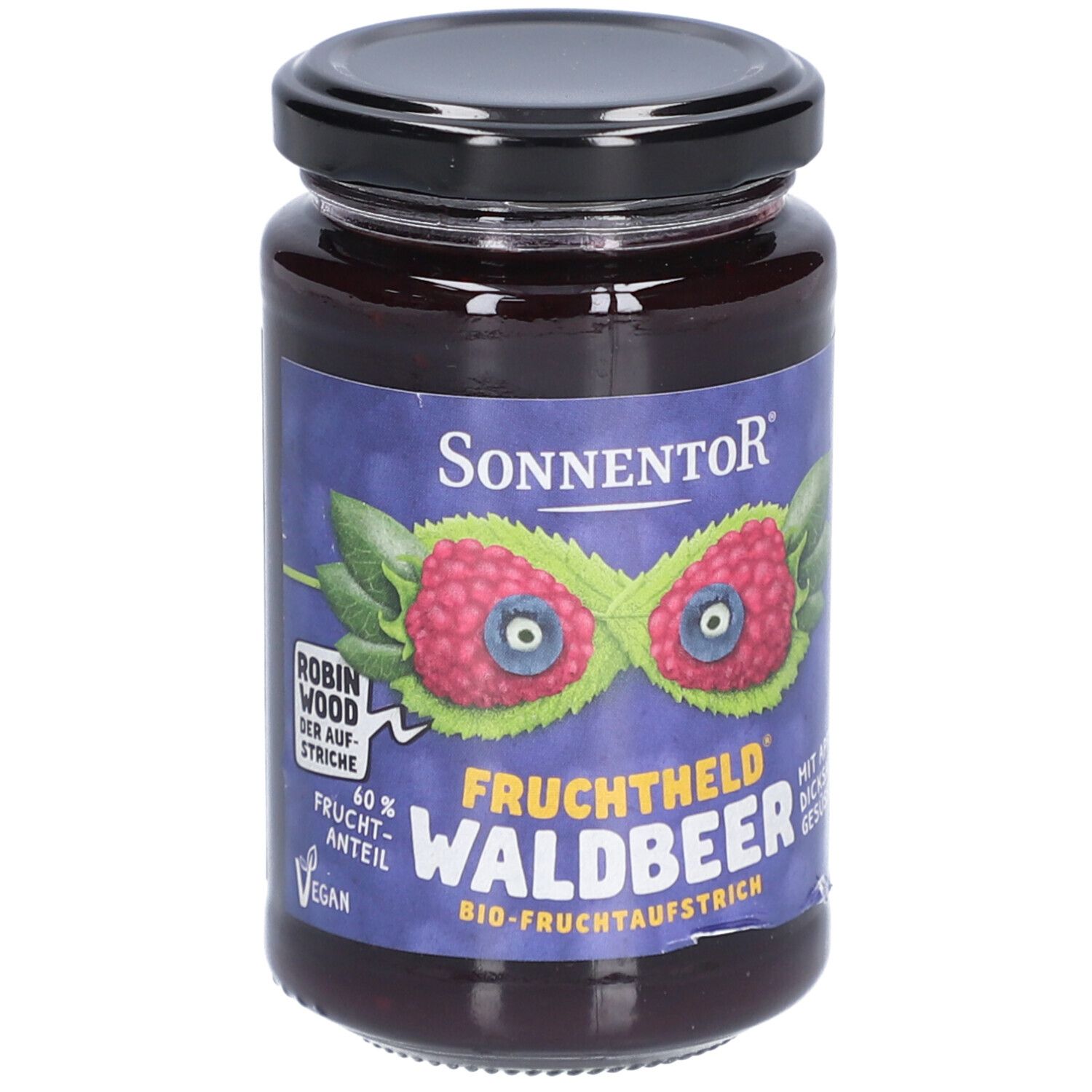Glas mit Waldbeer-Fruchtaufstrich. Etikett mit Logo und Produktbezeichnung. Schwarzer Deckel. Bio-Qualität.