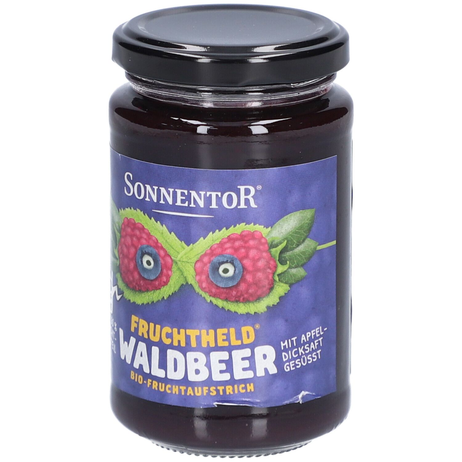 Glas mit Waldbeer-Fruchtaufstrich. Etikett mit Logo und Produktbezeichnung. Schwarzer Deckel. Bio-Qualität.