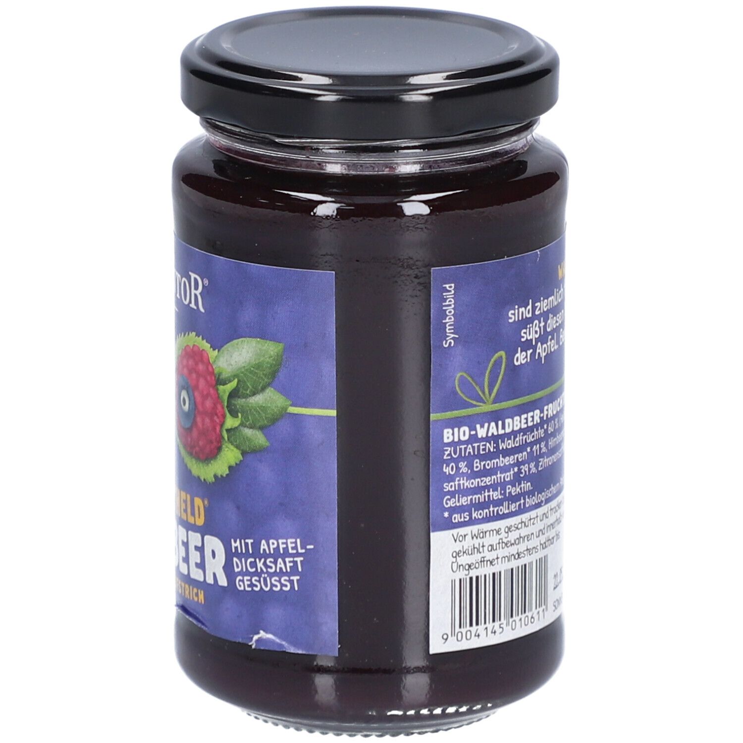 Glas mit Waldbeer-Fruchtaufstrich. Seite mit Logo und Produktbezeichnung. Schwarzer Deckel. Bio-Qualität.