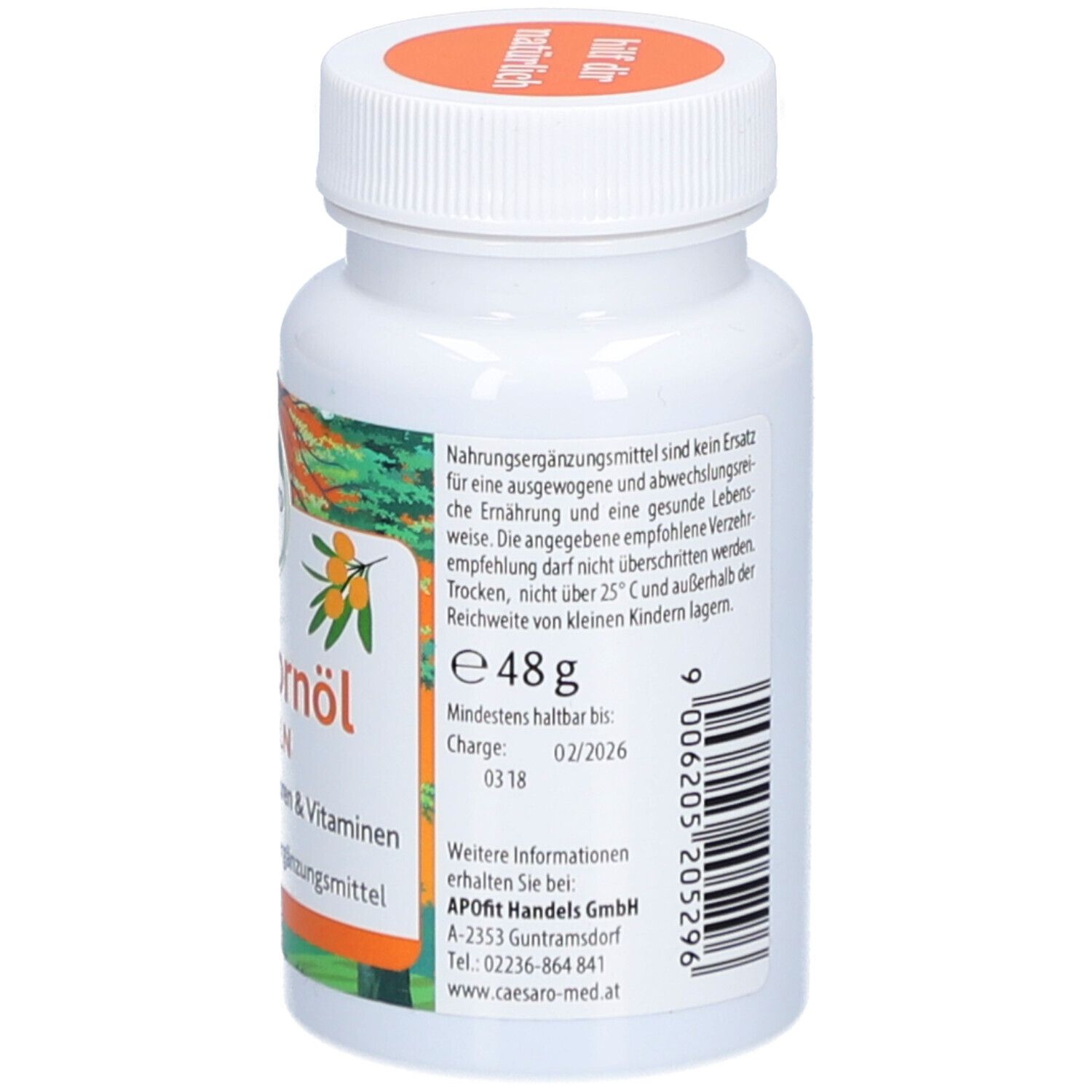 Rückseite der weißen Flasche. Text mit Inhaltsstoffen und Nährwertangaben. 48g.