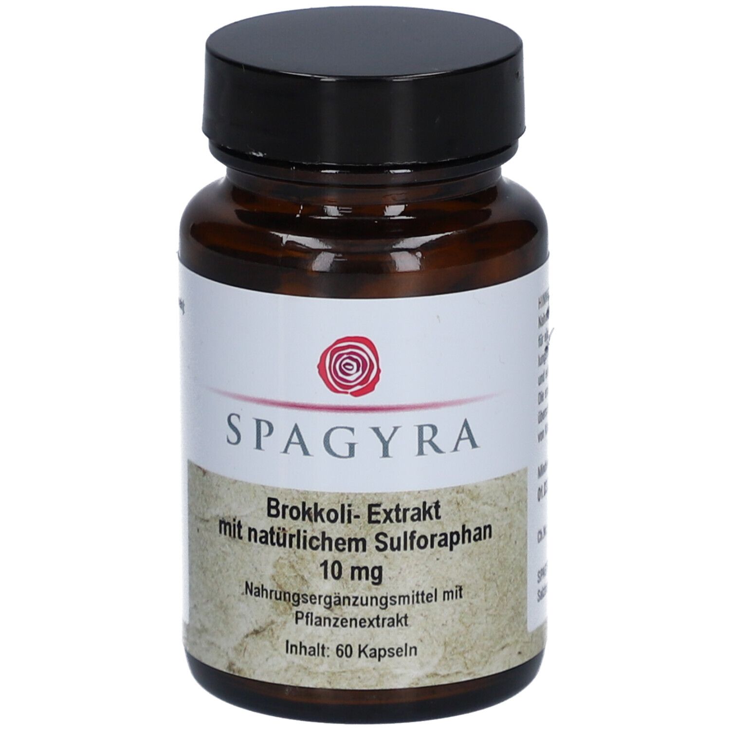 Braune Glasflasche mit schwarzem Deckel. Etikett mit Produktinformationen: SPAGYRA, Brokkoli-Extrakt, 10 mg Sulforaphan.