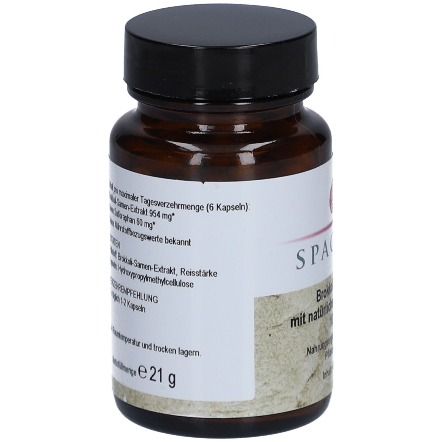 Braune Glasflasche mit schwarzem Deckel. Etikett mit Produktinformationen und Zutaten. Nettofüllmenge: 21 g.