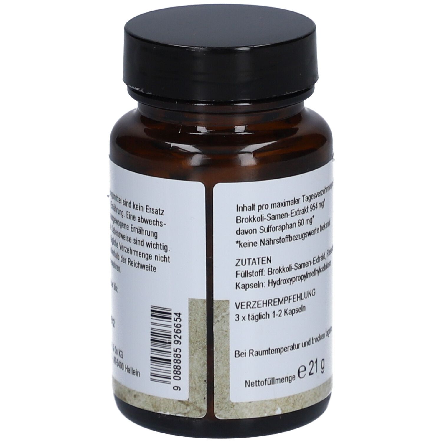 Braune Glasflasche mit schwarzem Deckel. Etikett mit Produktinformationen, Zutaten und Verzehrempfehlung. Nettofüllmenge: 21 g.