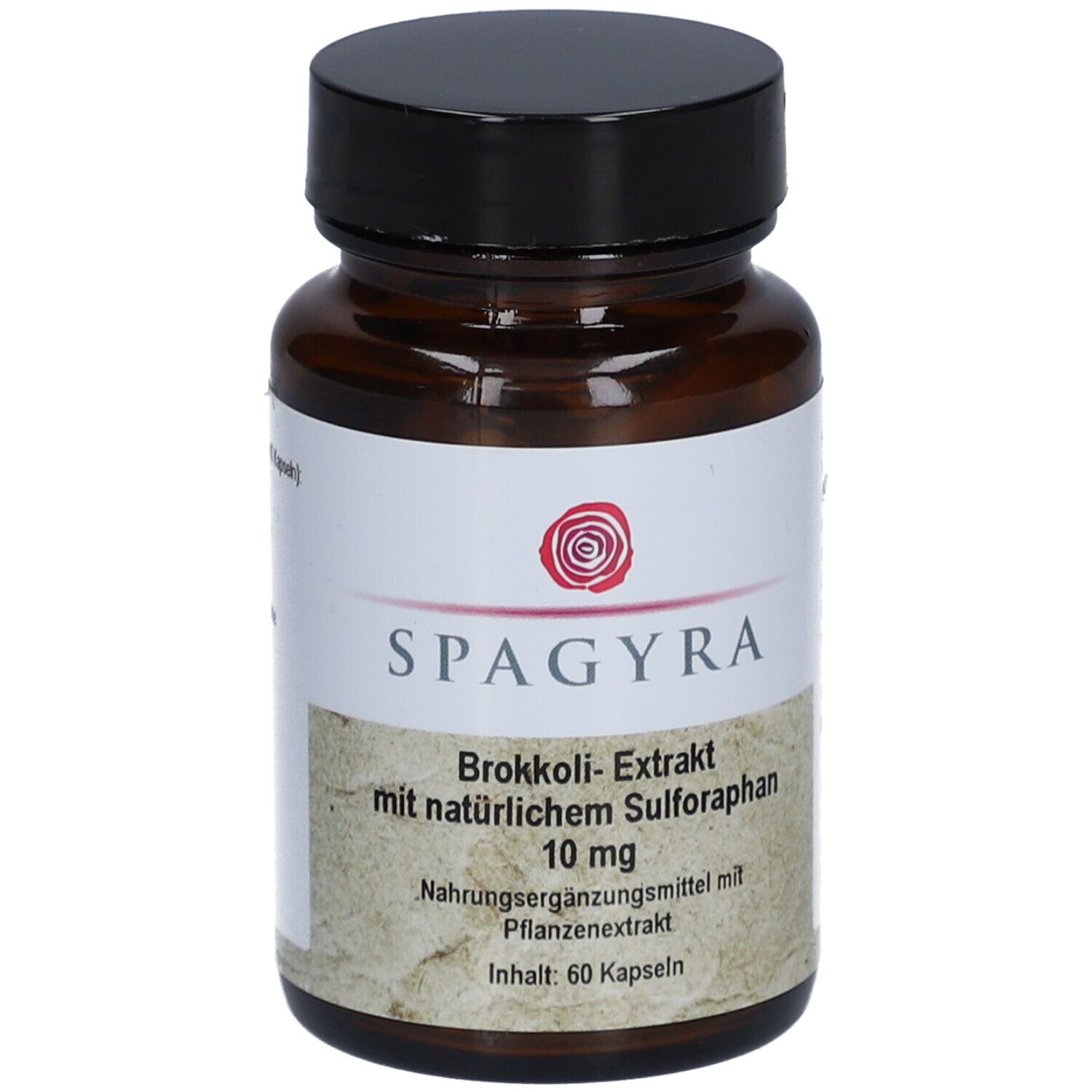 Braune Glasflasche mit schwarzem Deckel. Etikett mit Produktinformationen: SPAGYRA, Brokkoli-Extrakt, 10 mg Sulforaphan. 60 Kapseln.