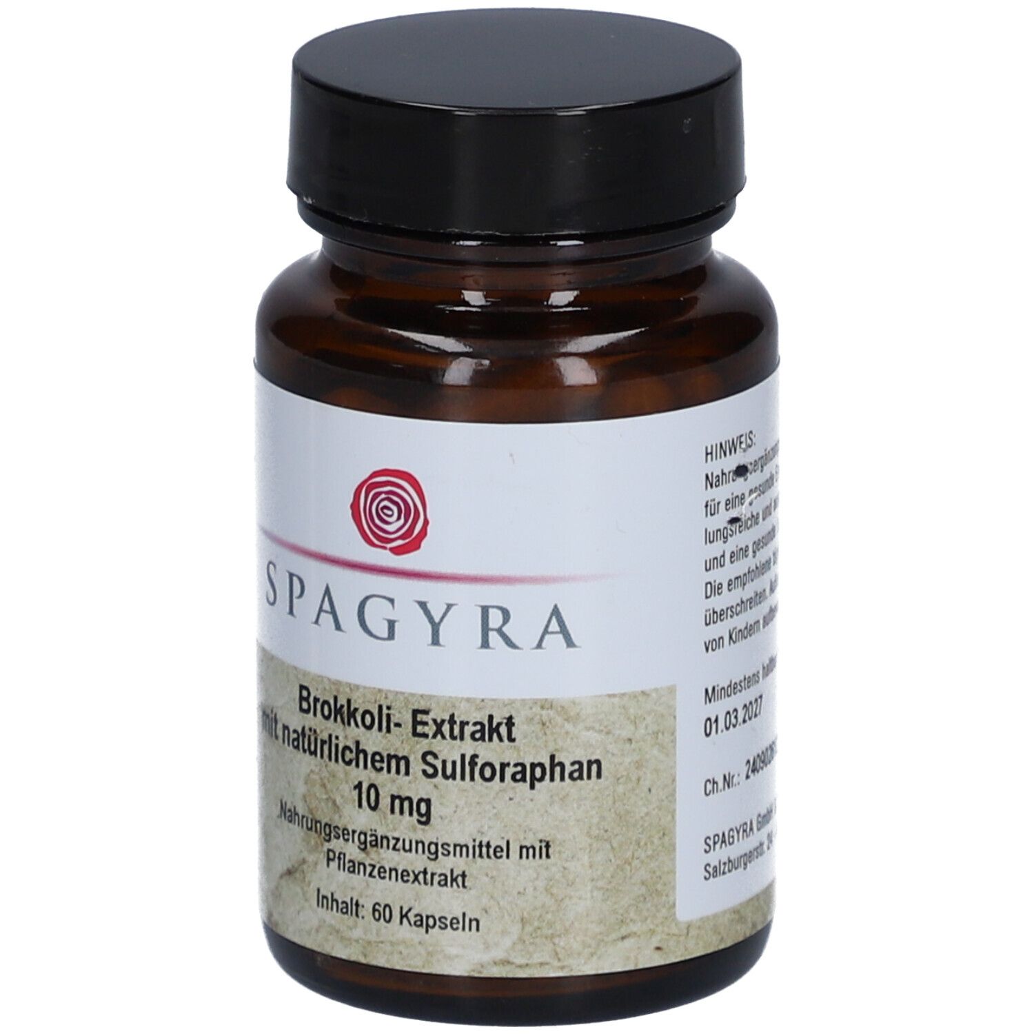 Braune Glasflasche mit schwarzem Deckel. Etikett mit Produktinformationen: SPAGYRA, Brokkoli-Extrakt, 10 mg Sulforaphan. 60 Kapseln.