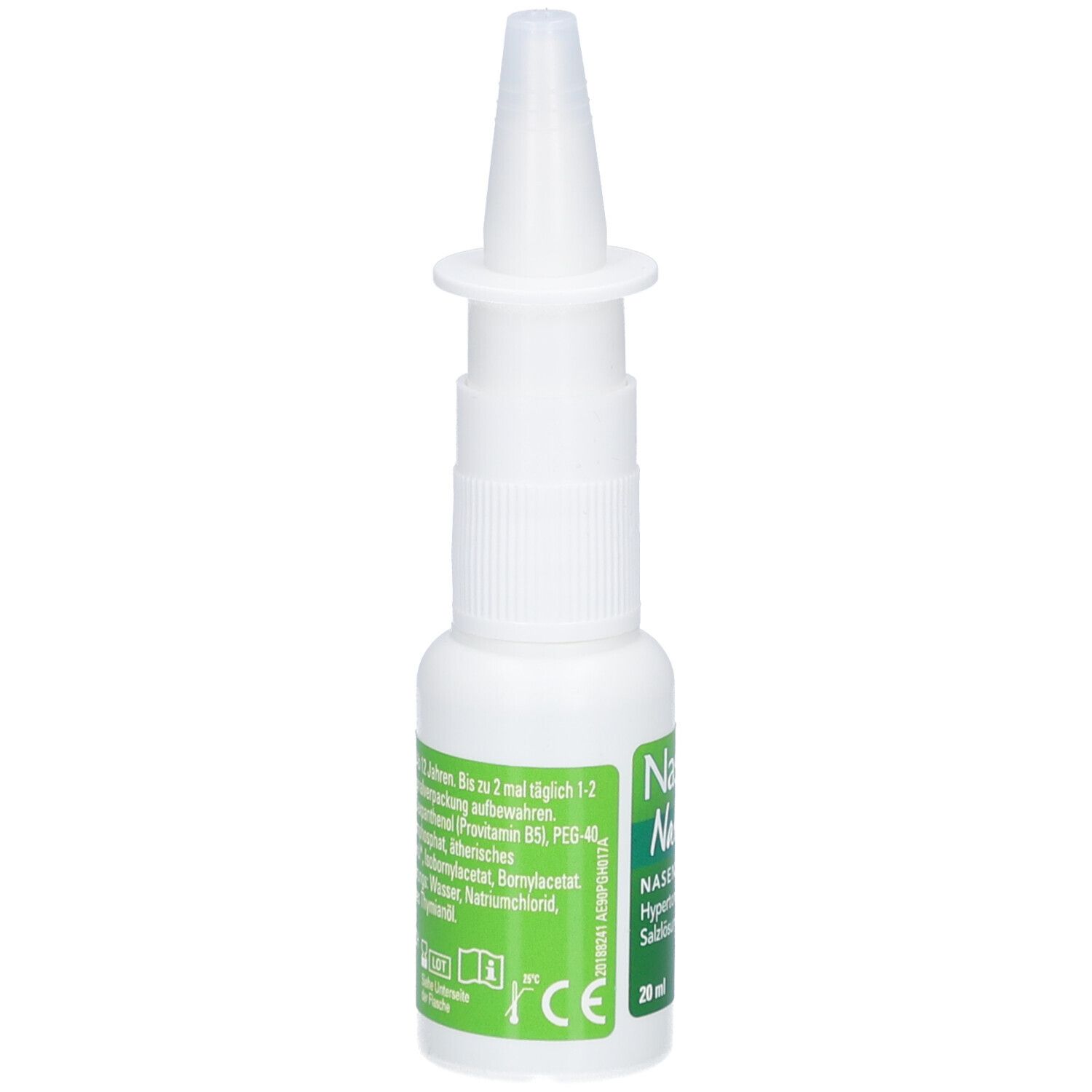Nasivin Natura Nasenspray. Weiße Flasche mit Sprühkopf. Rückseite mit Inhaltsstoffen und Informationen.