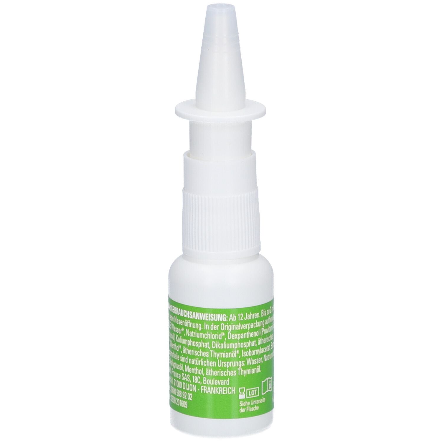 Nasivin Natura Nasenspray. Weiße Flasche mit Sprühkopf. Rückseite mit Gebrauchsanweisung und Informationen.